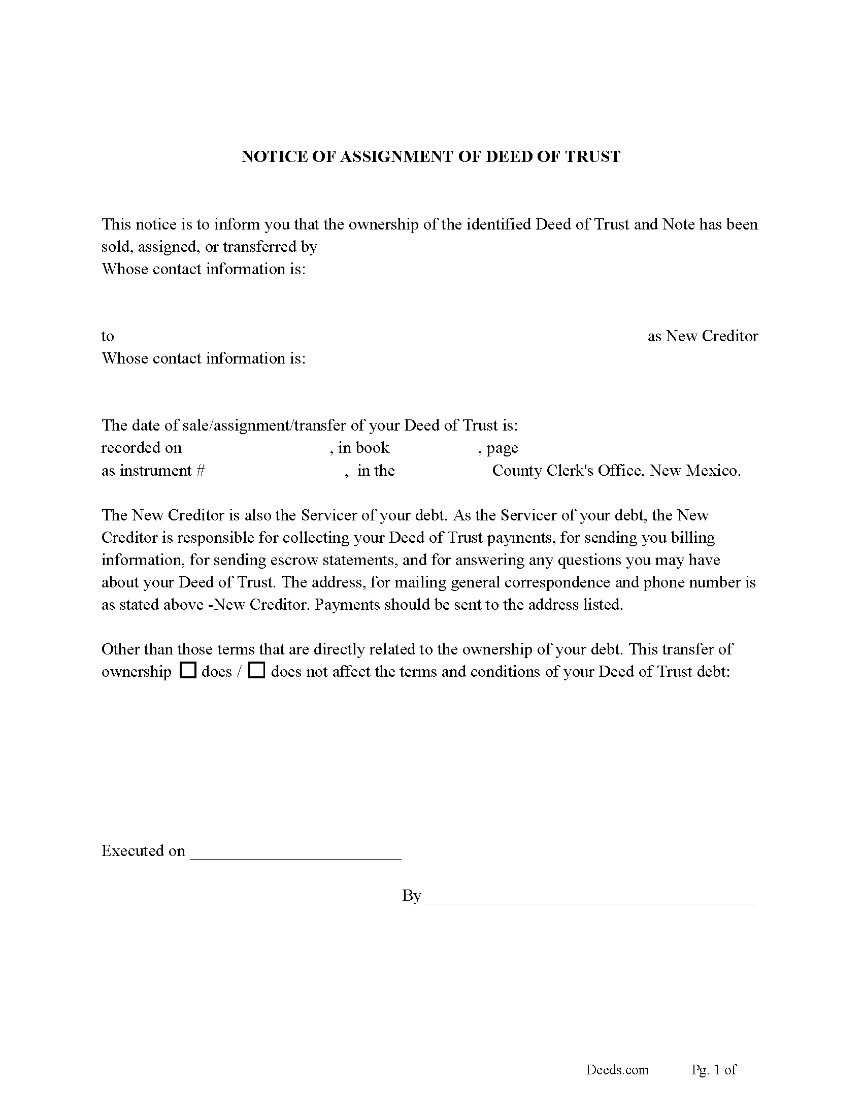 Mckinley County Notice of Assignment of Deed of Trust Form