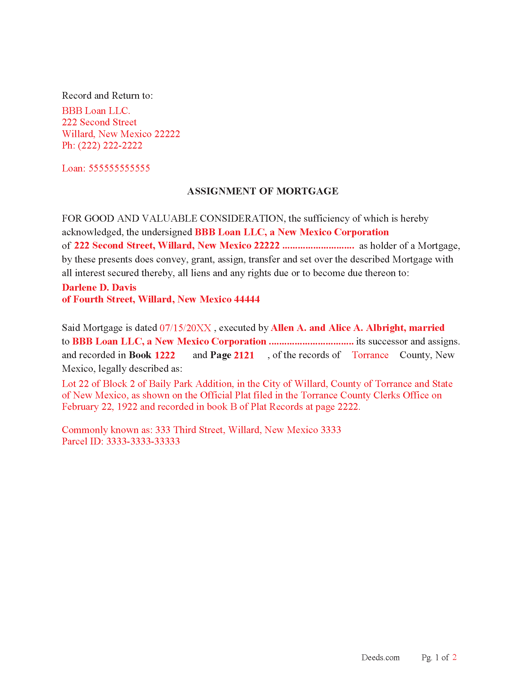 Mckinley County Completed Example of the Assignment of Mortgage Document
