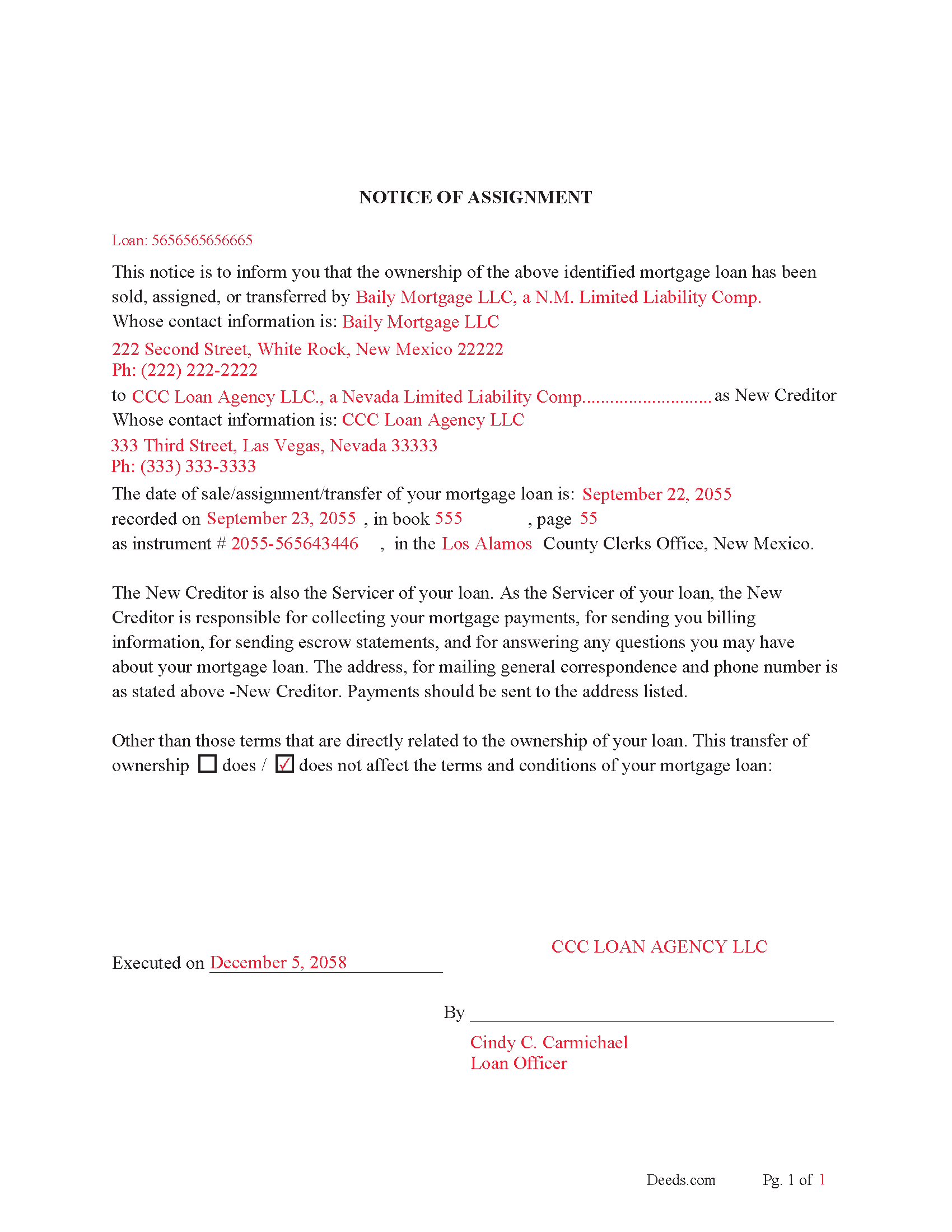 Completed Example of Notice of Assignment Document