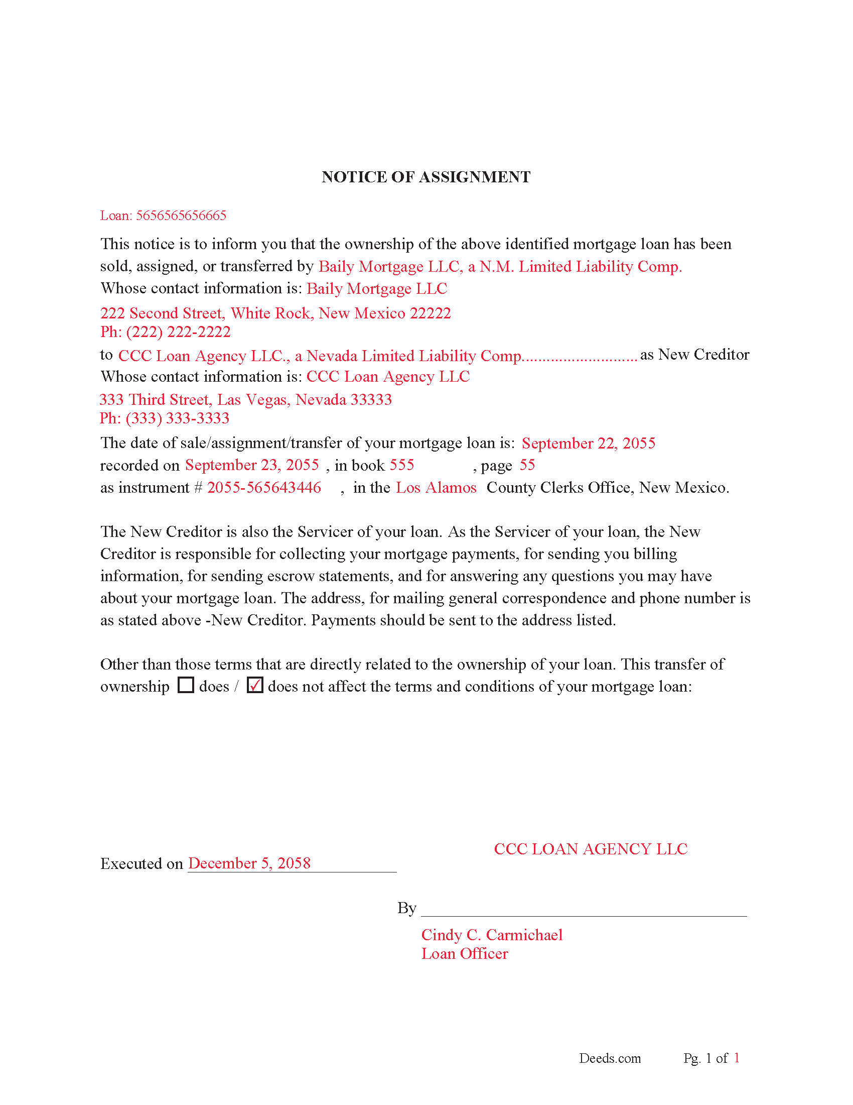 Mckinley County Completed Example of Notice of Assignment Document