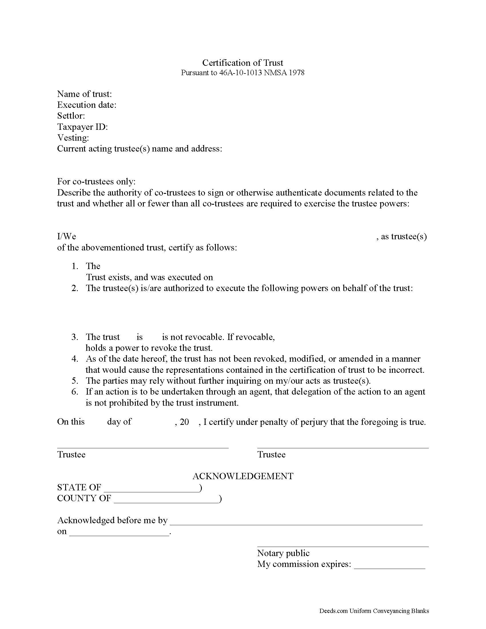 Certificate of Trust Form