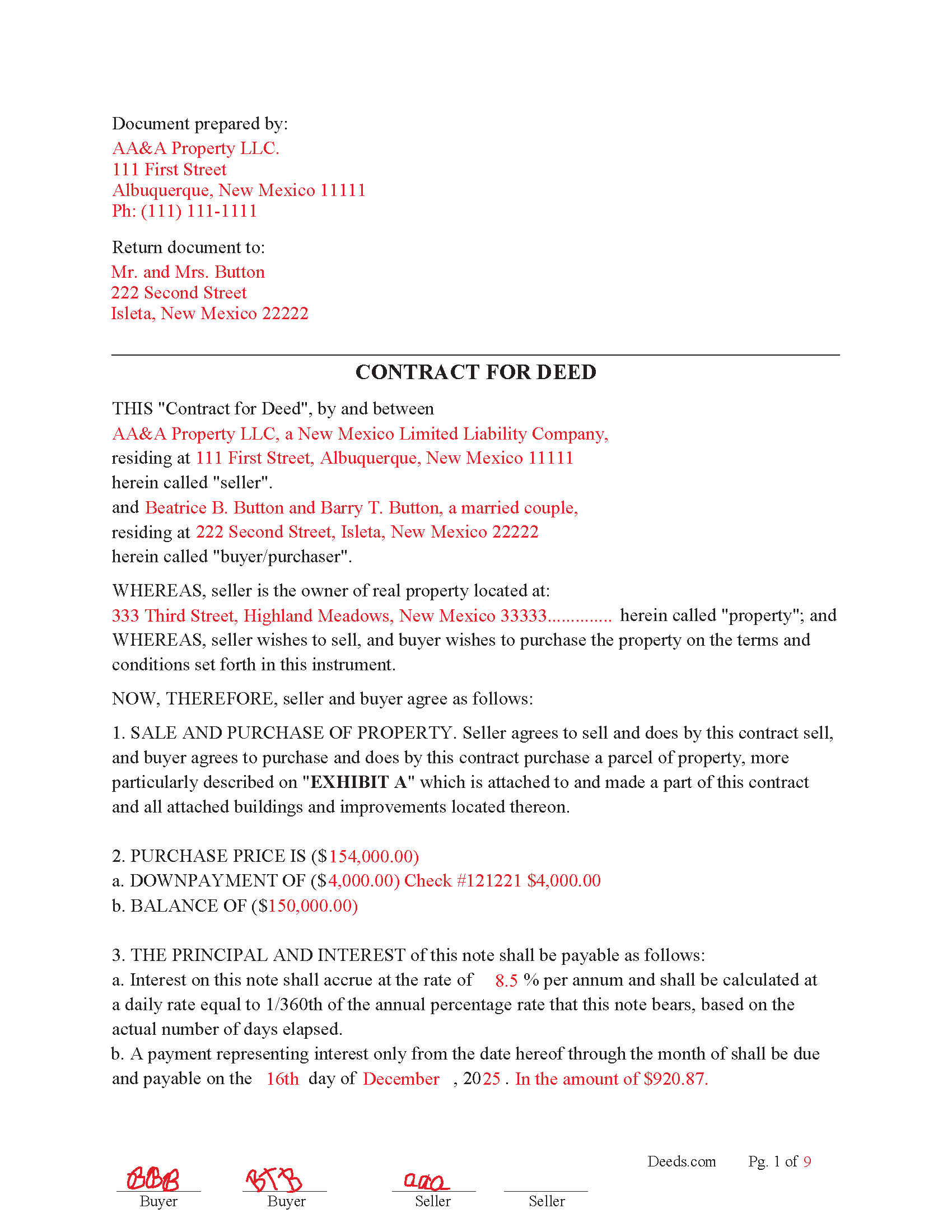 Mora County Completed Example of the Contract for Deed Document