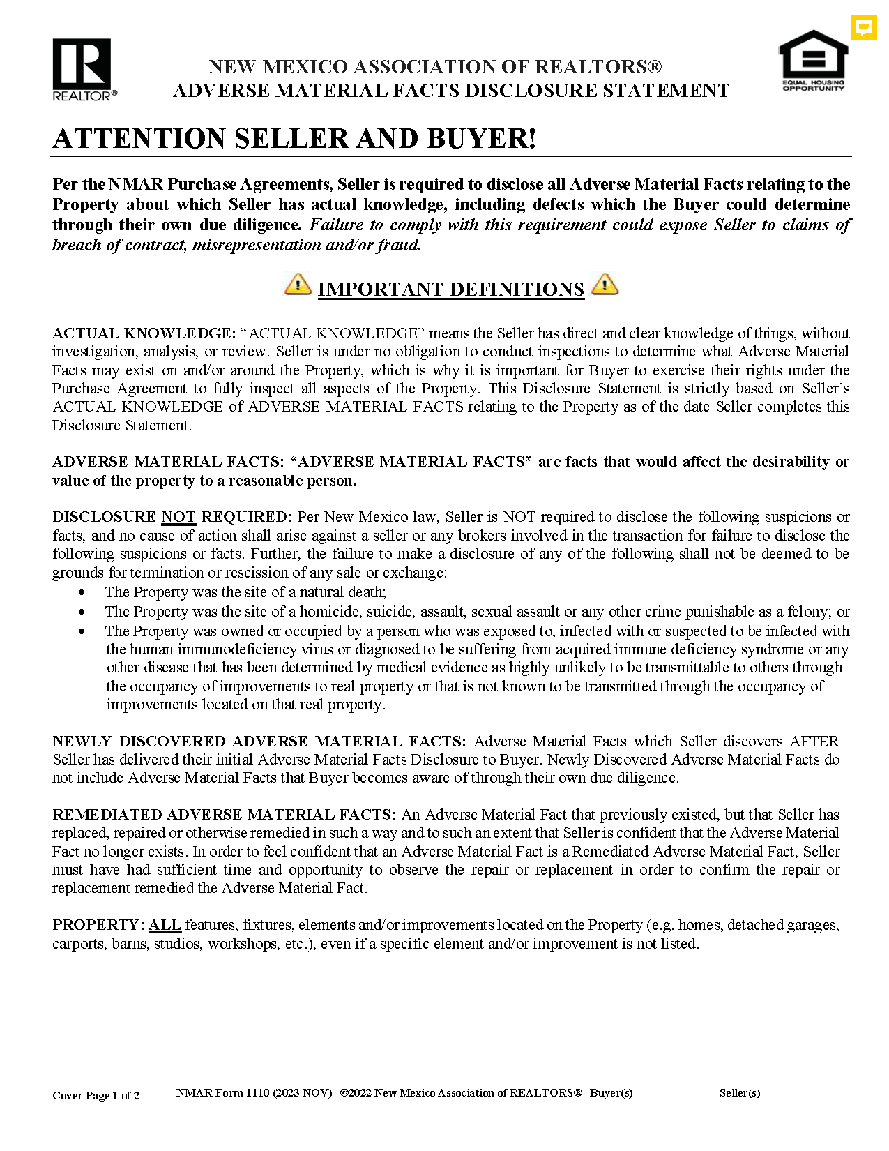 Mora County Adverse Material Facts Disclosure Statement