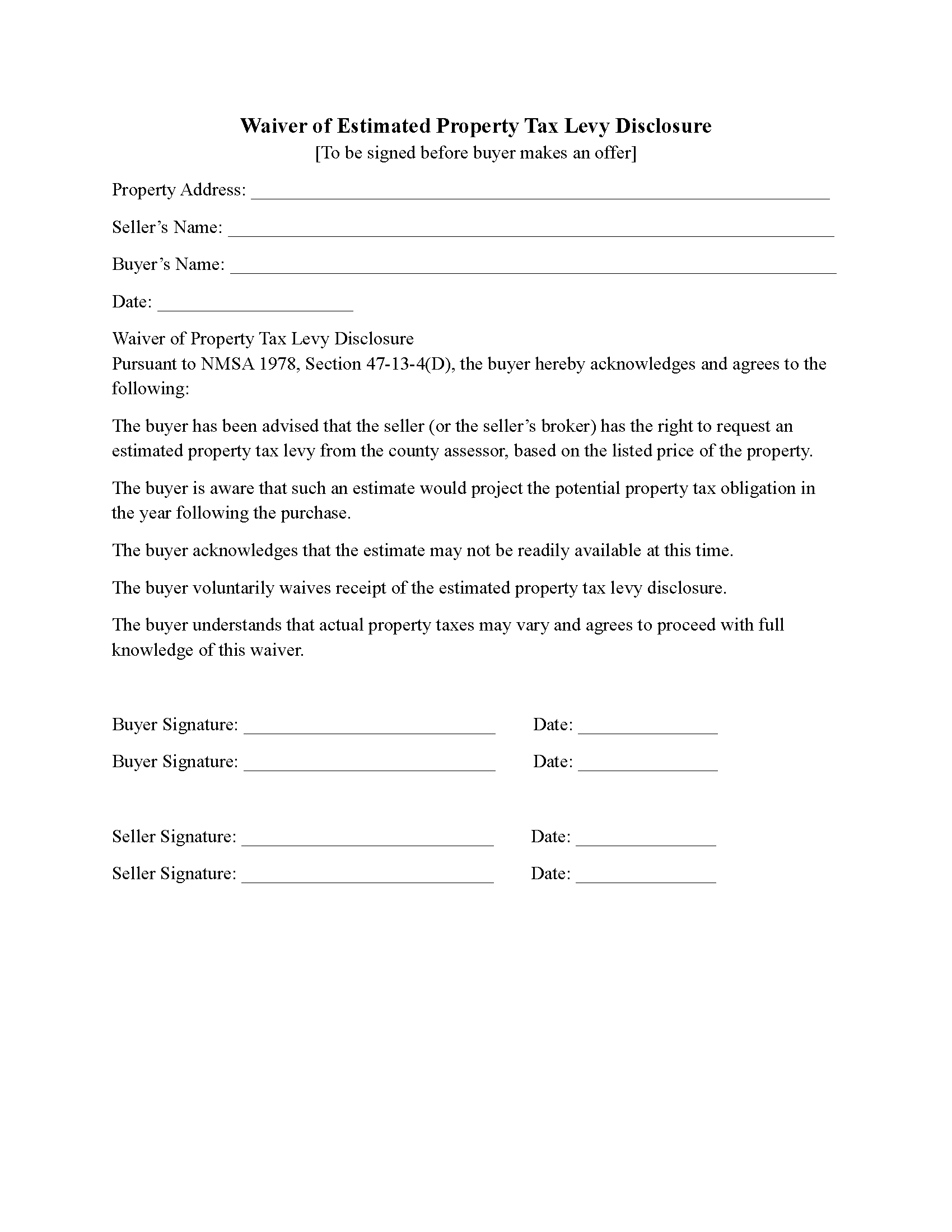 Mora County Estimated Property Tax Waiver Form