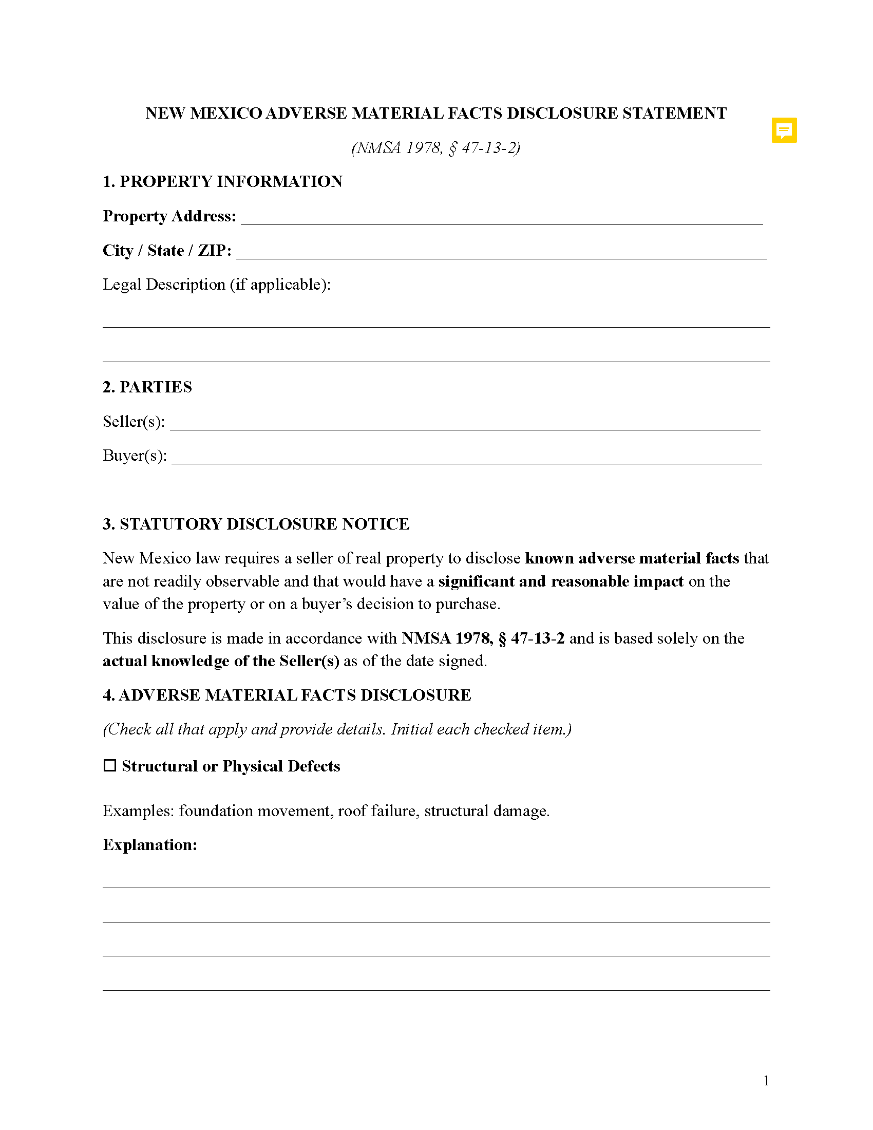 Union County Adverse Material Facts Disclosure Statement