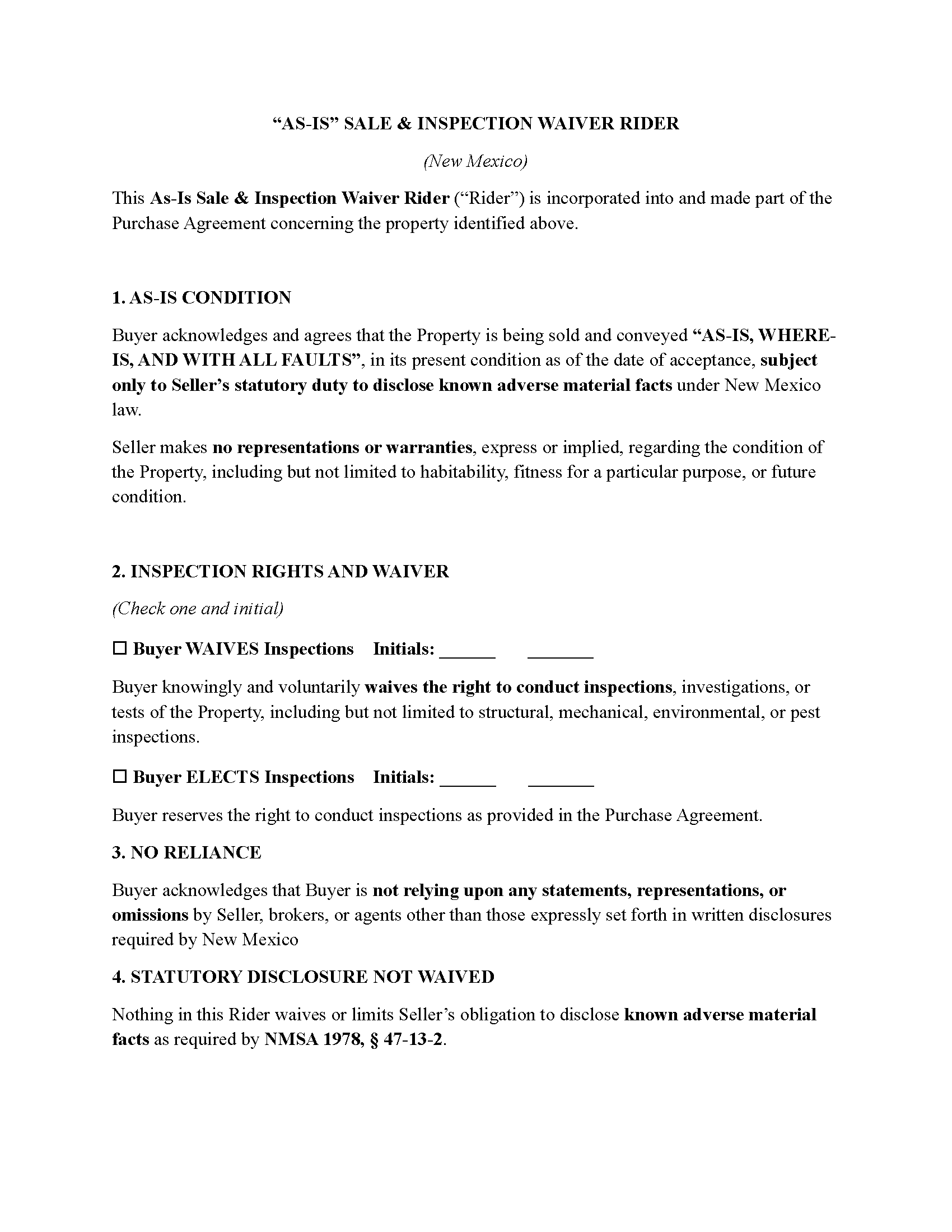 Union County Property Condition Waiver Form