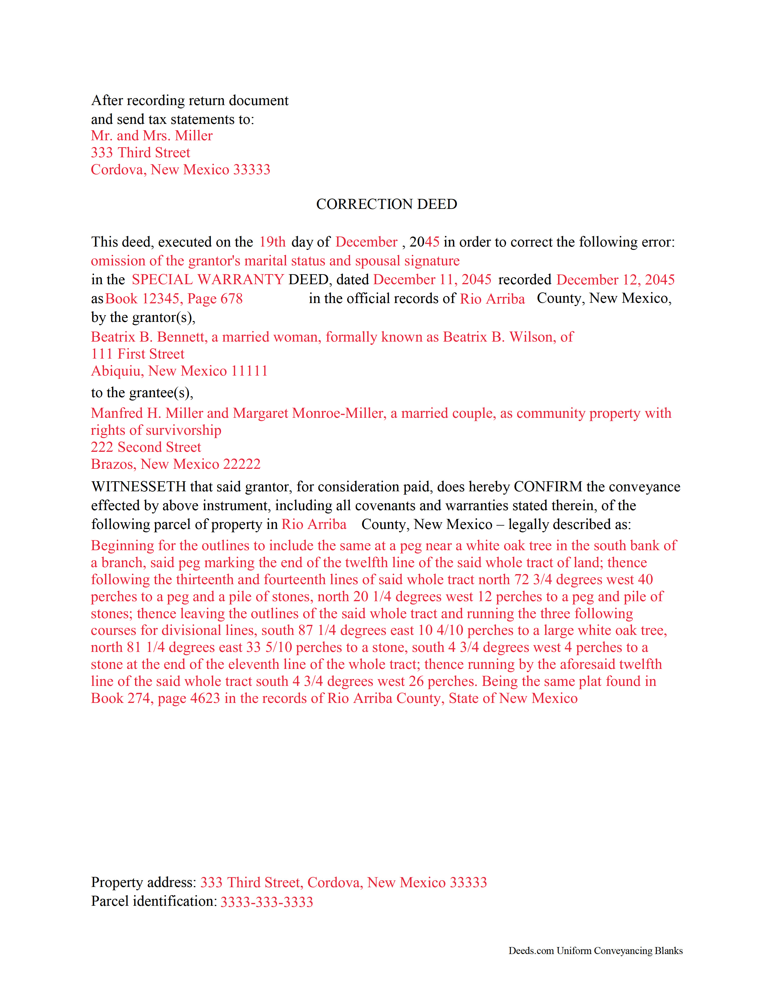 Mckinley County Completed Example of the Correction Deed Document