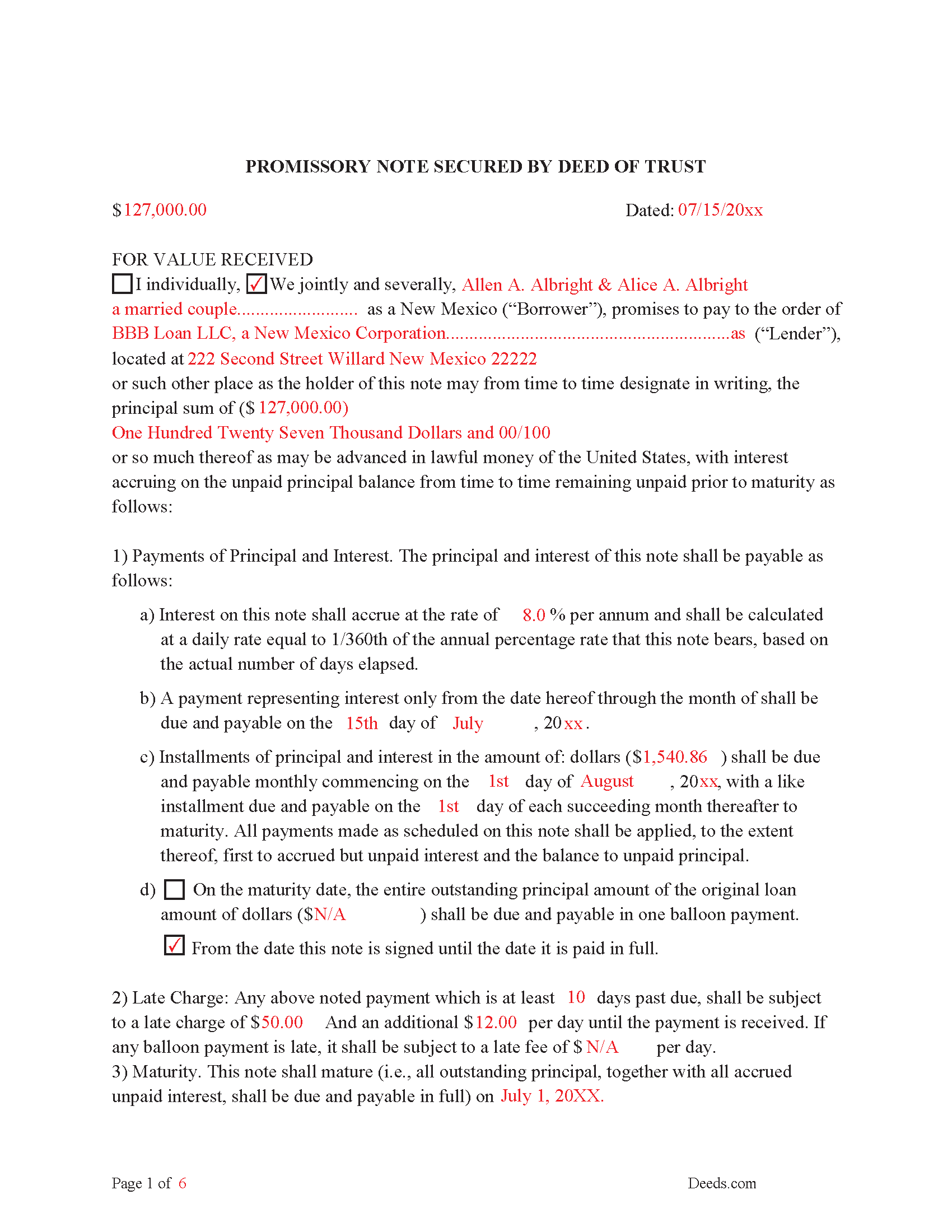 Completed Example of the Promissory Note Document