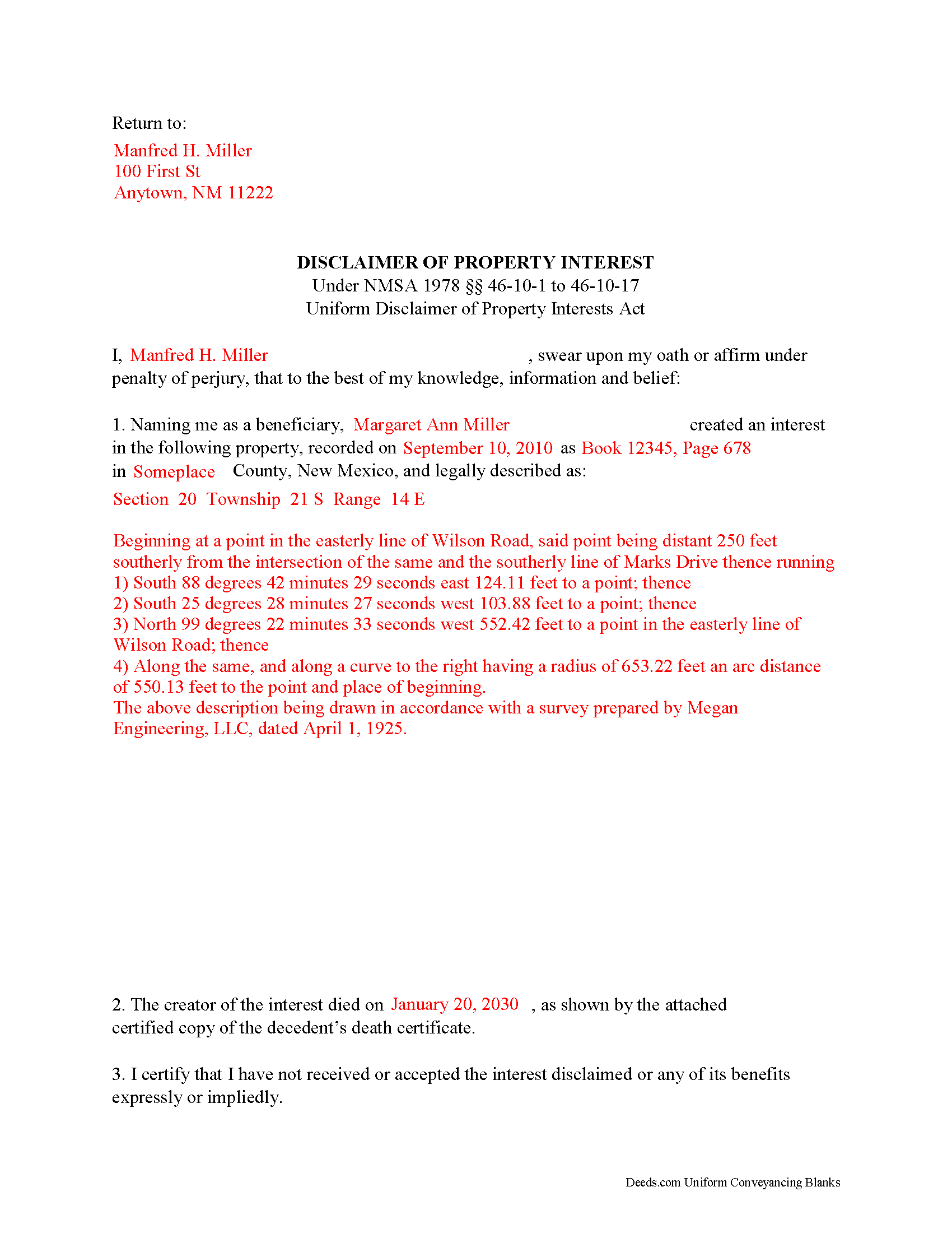 Mckinley County Completed Example of the Disclaimer of Interest Form