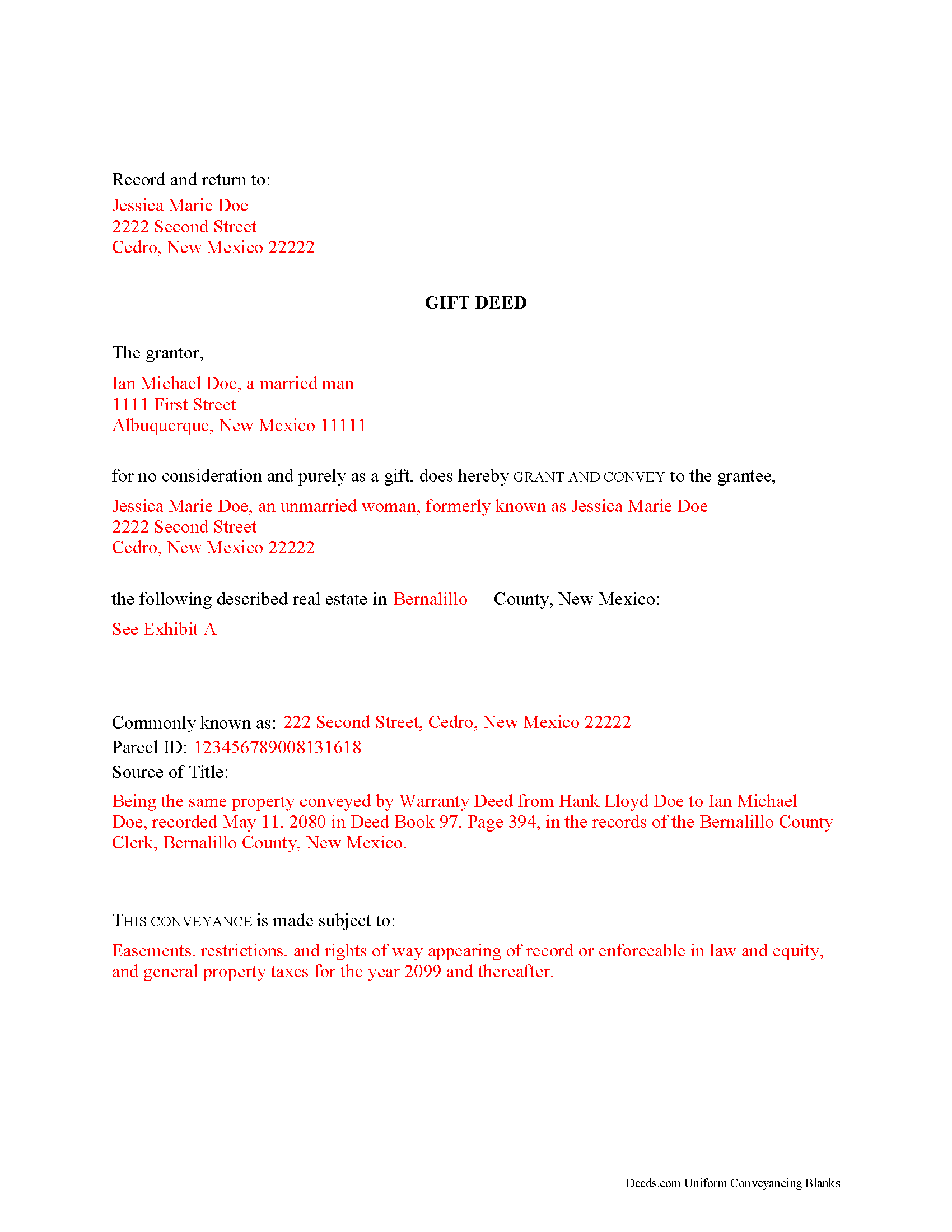 Mckinley County Completed Example of the Gift Deed Document