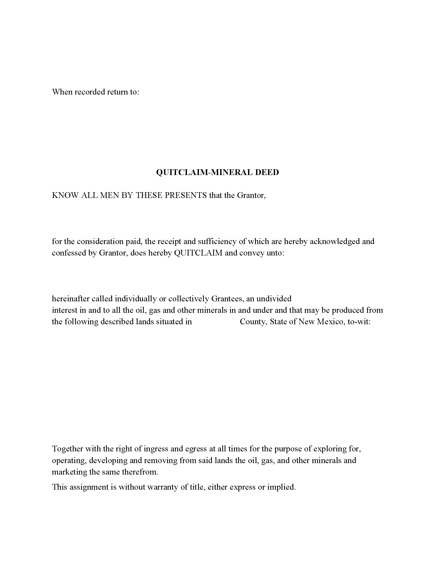 Mckinley County Mineral Deed with Quitclaim Covenants Form