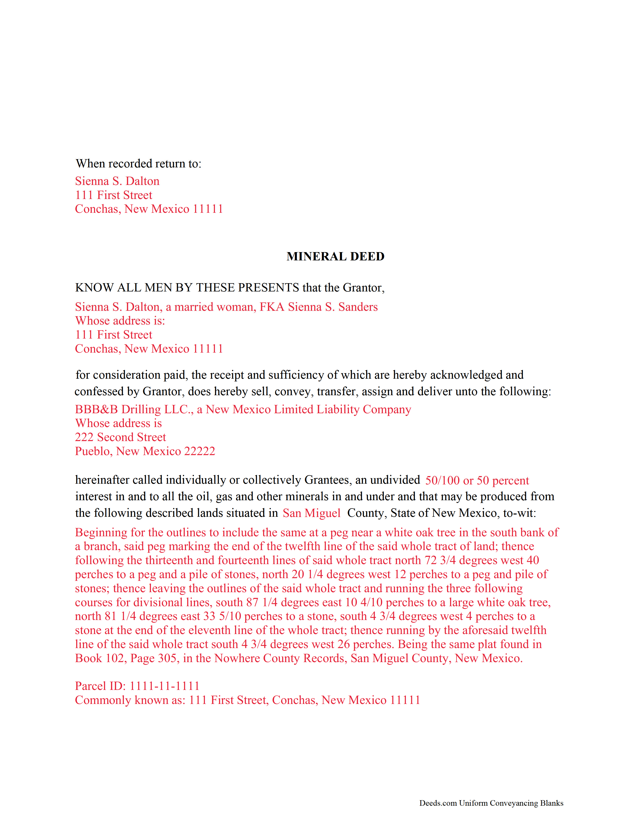 Hidalgo County Completed Example of a Mineral Deed Document