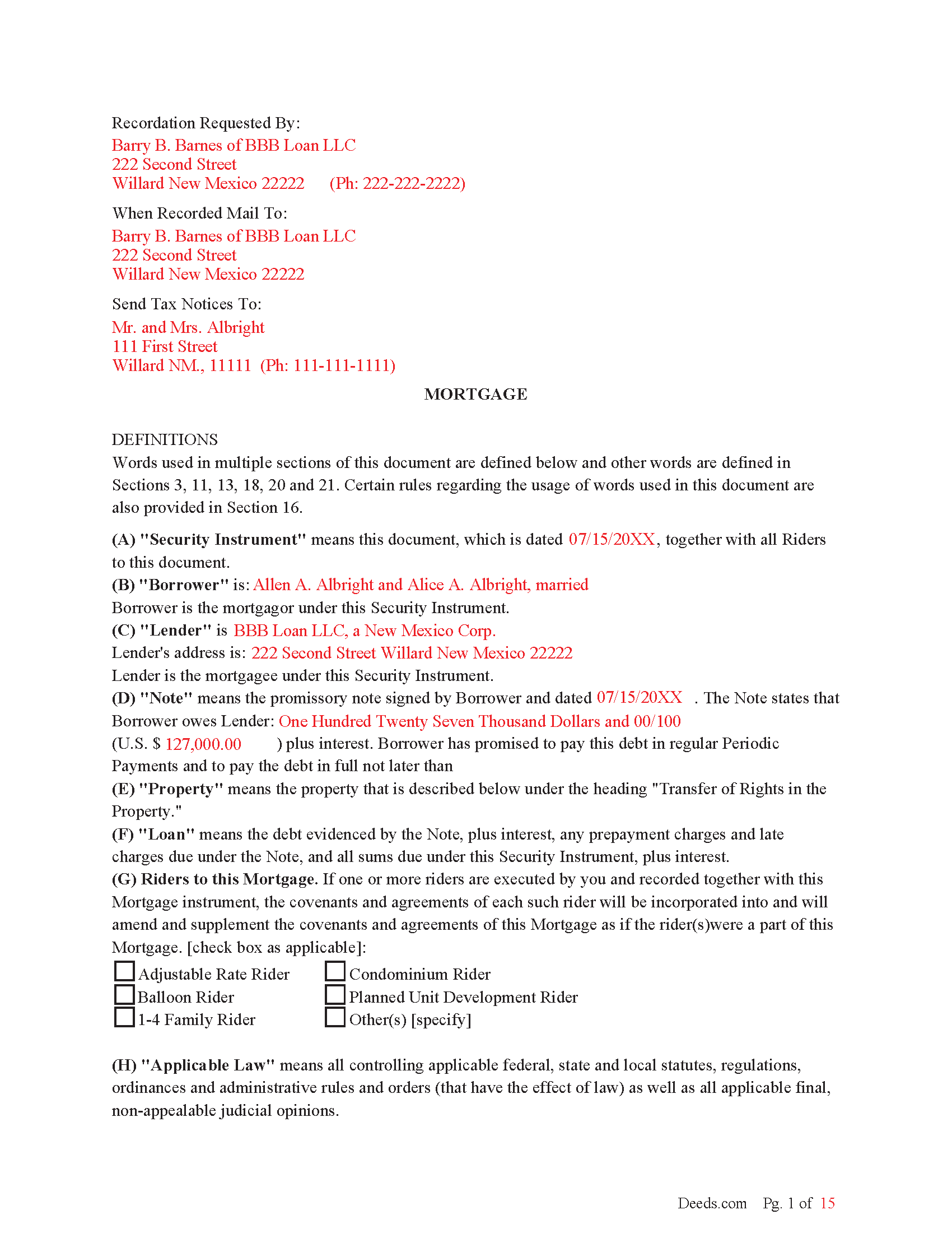 Completed Example of the Mortgage Document