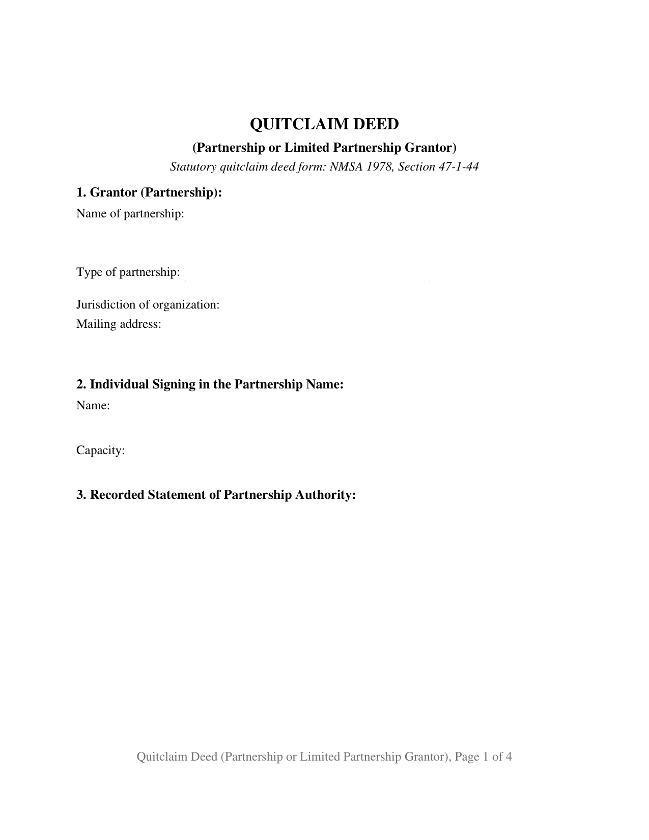 New Mexico Quitclaim Deed (Partnership or Limited Partnership Grantor)