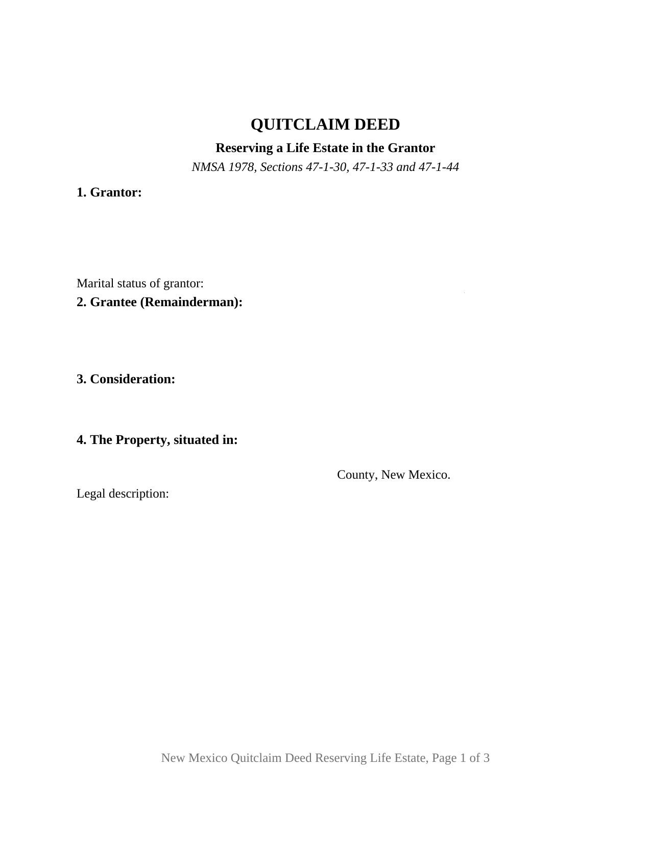 New Mexico Quitclaim Deed (Reserving Life Estate)