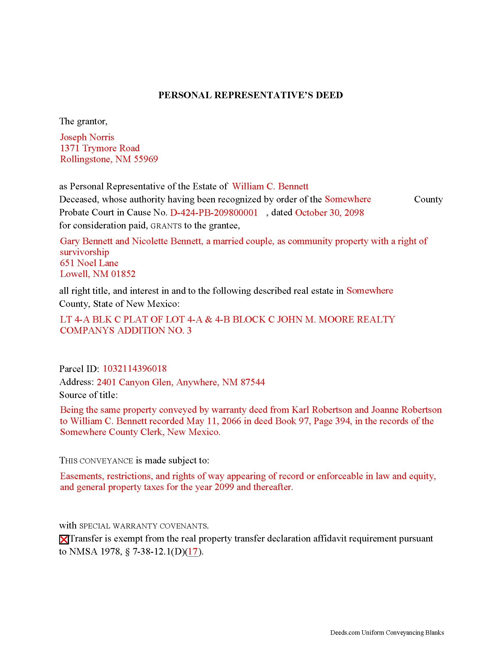 Completed Example of the Personal Representative Deed Document