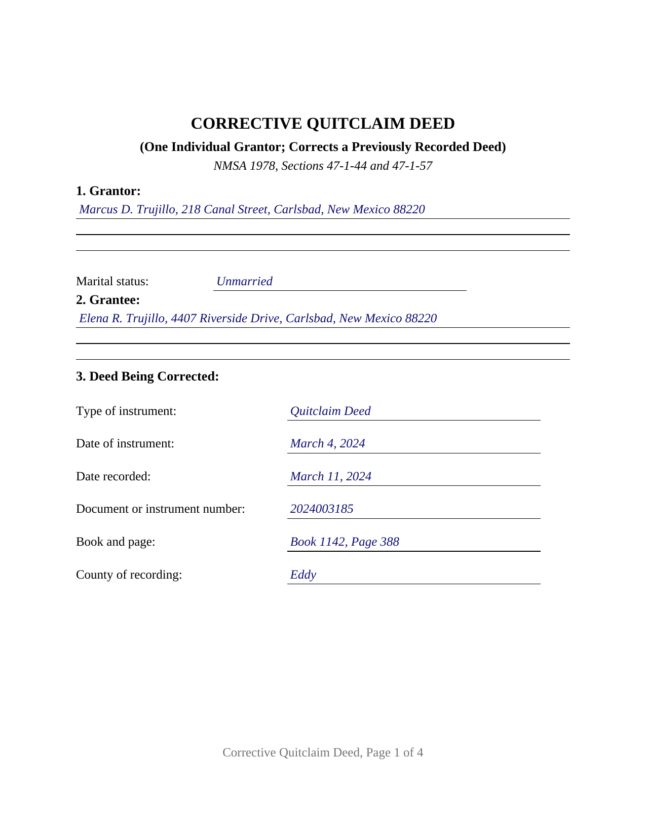 Mora County Completed Example of the Quitclaim Deed (Corrective) Document