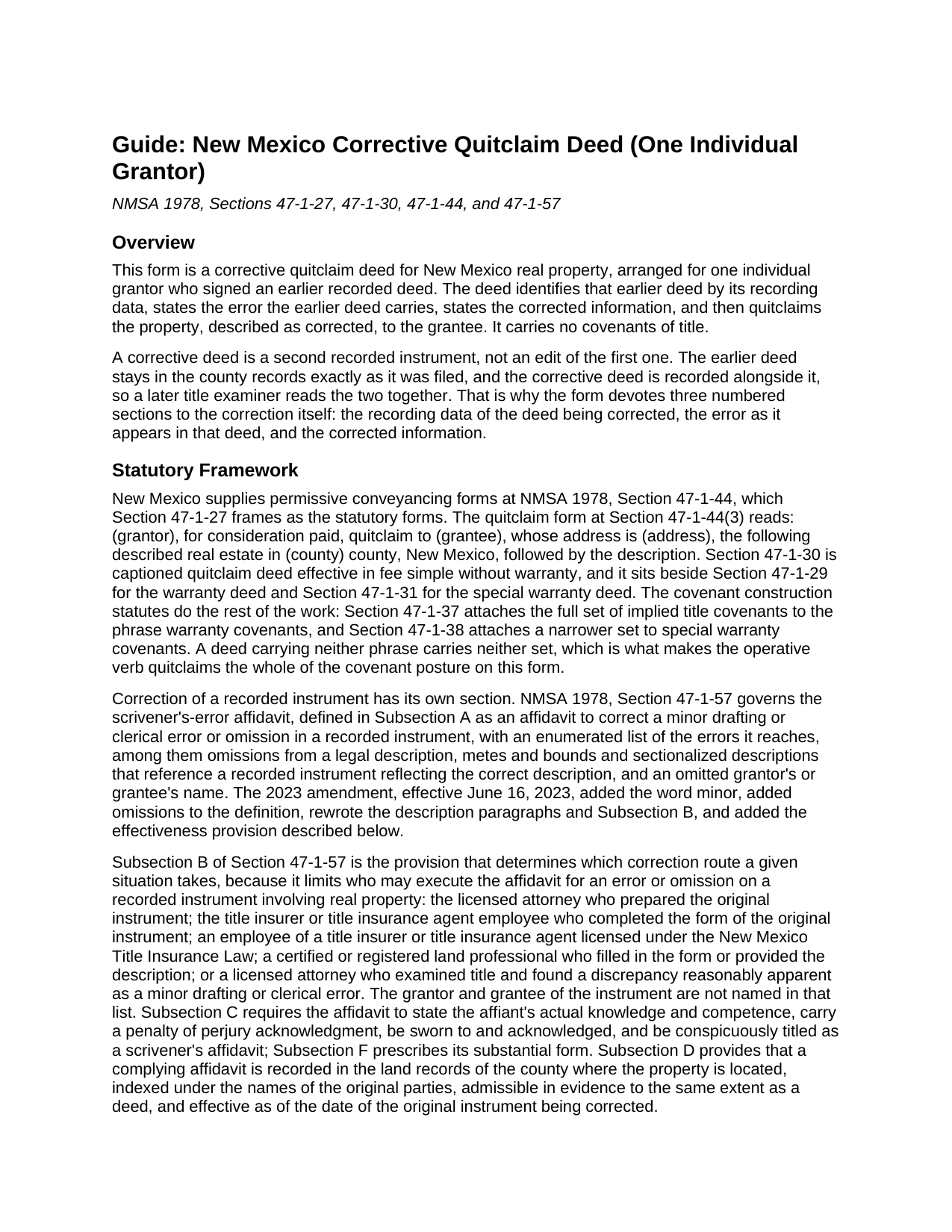 Mora County Quitclaim Deed (Corrective) Guide