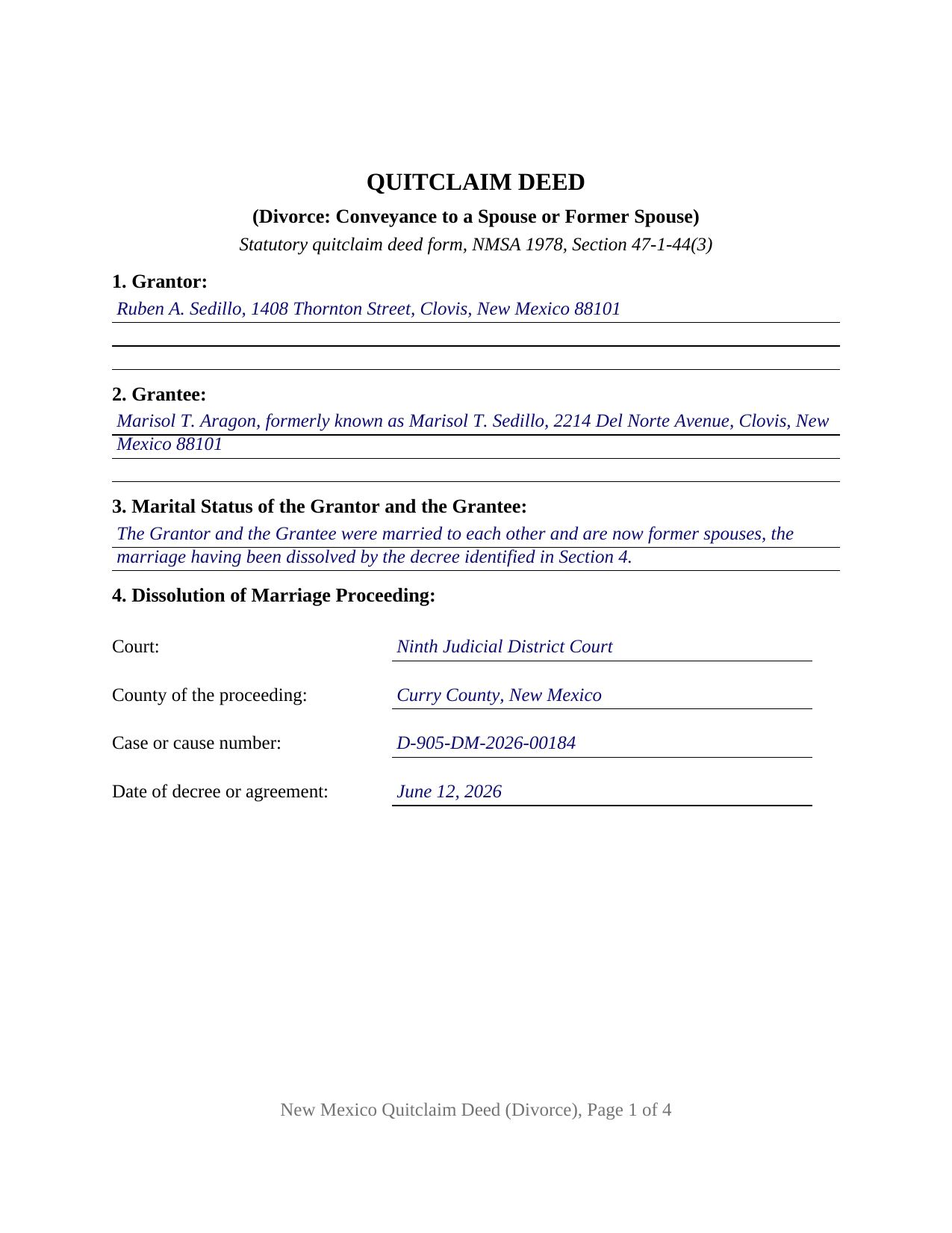Luna County Completed Example of the Quitclaim Deed (Divorce) Document