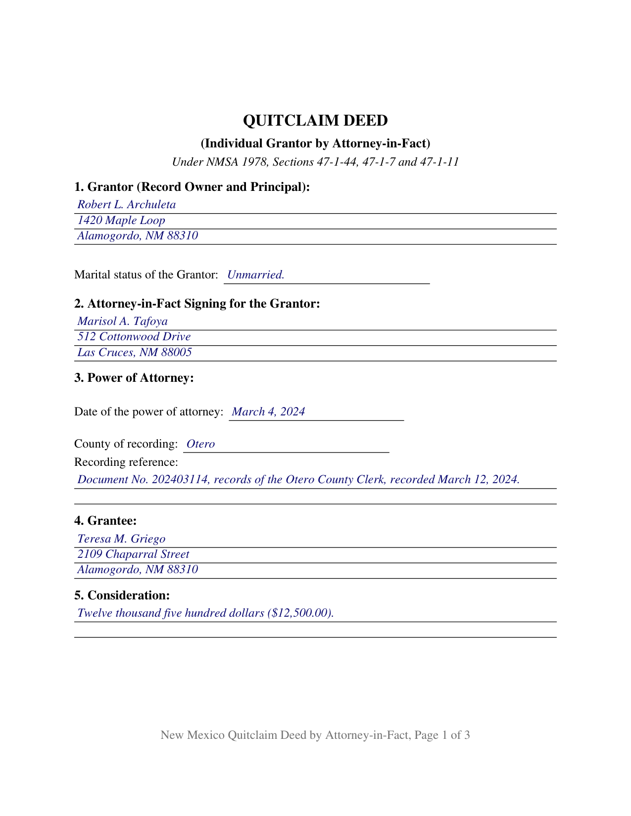 Guadalupe County Completed Example of the Quitclaim Deed (Individual Grantor by Attorney-in-Fact) Document