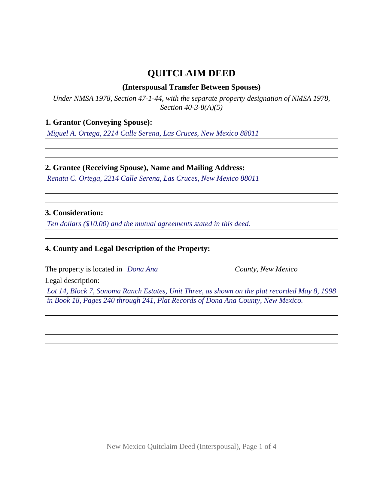 Mckinley County Completed Example of the Quitclaim Deed (Interspousal) Document