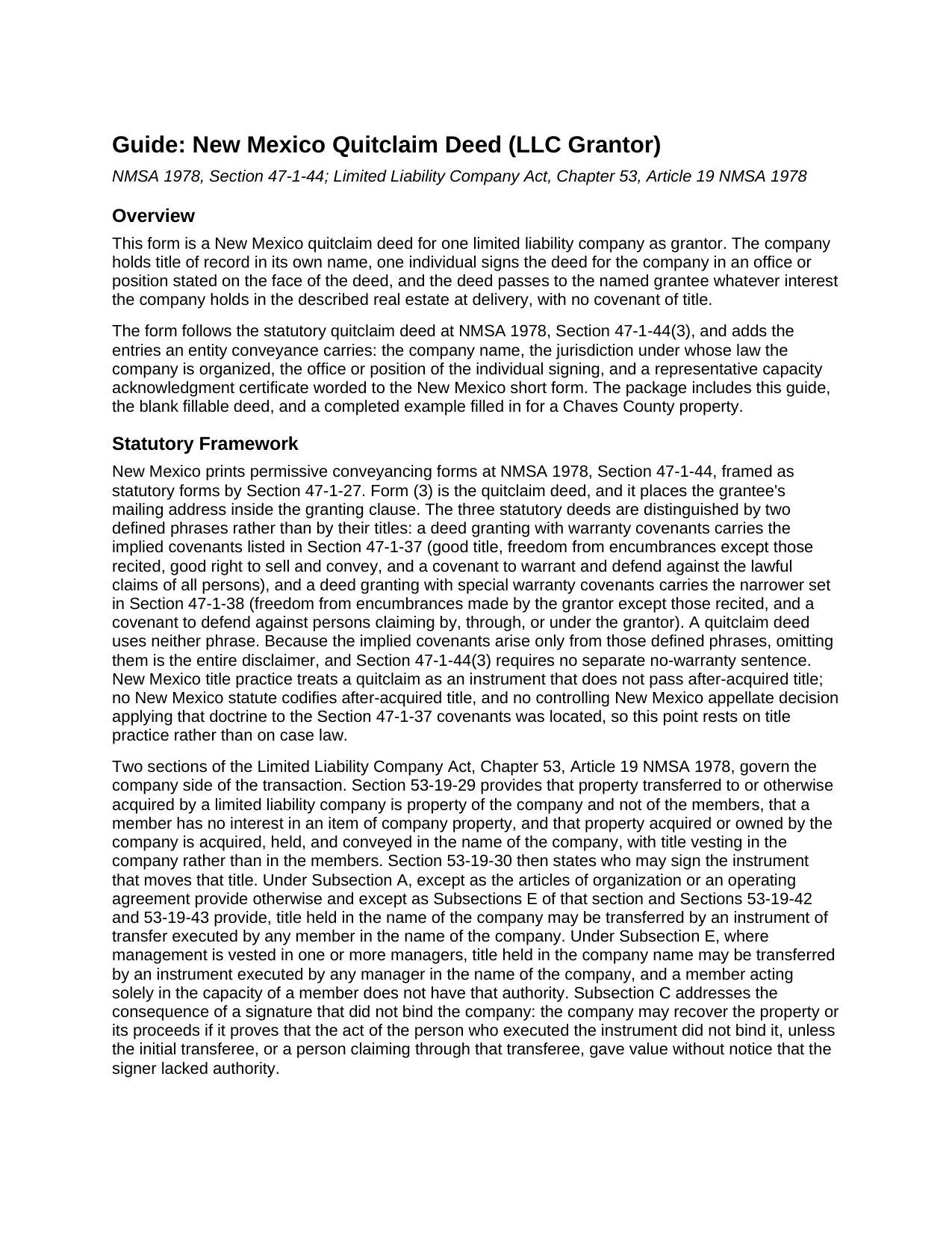 De Baca County Quitclaim Deed (LLC Grantor) Guide
