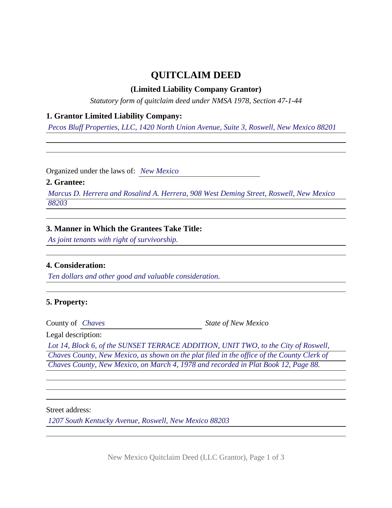 De Baca County Completed Example of the Quitclaim Deed (LLC Grantor) Document