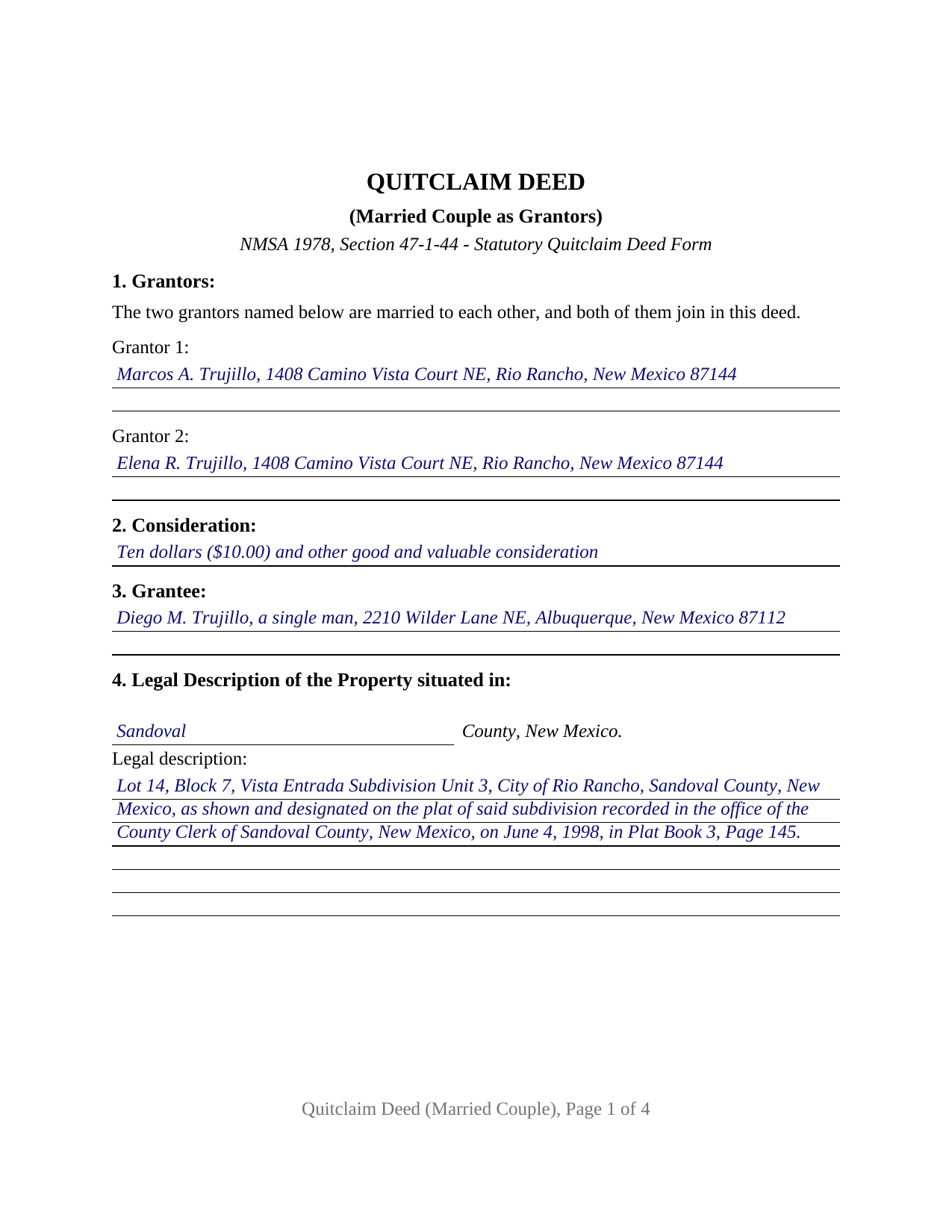 Los Alamos County Completed Example of the Quitclaim Deed (Married Couple as Grantors) Document