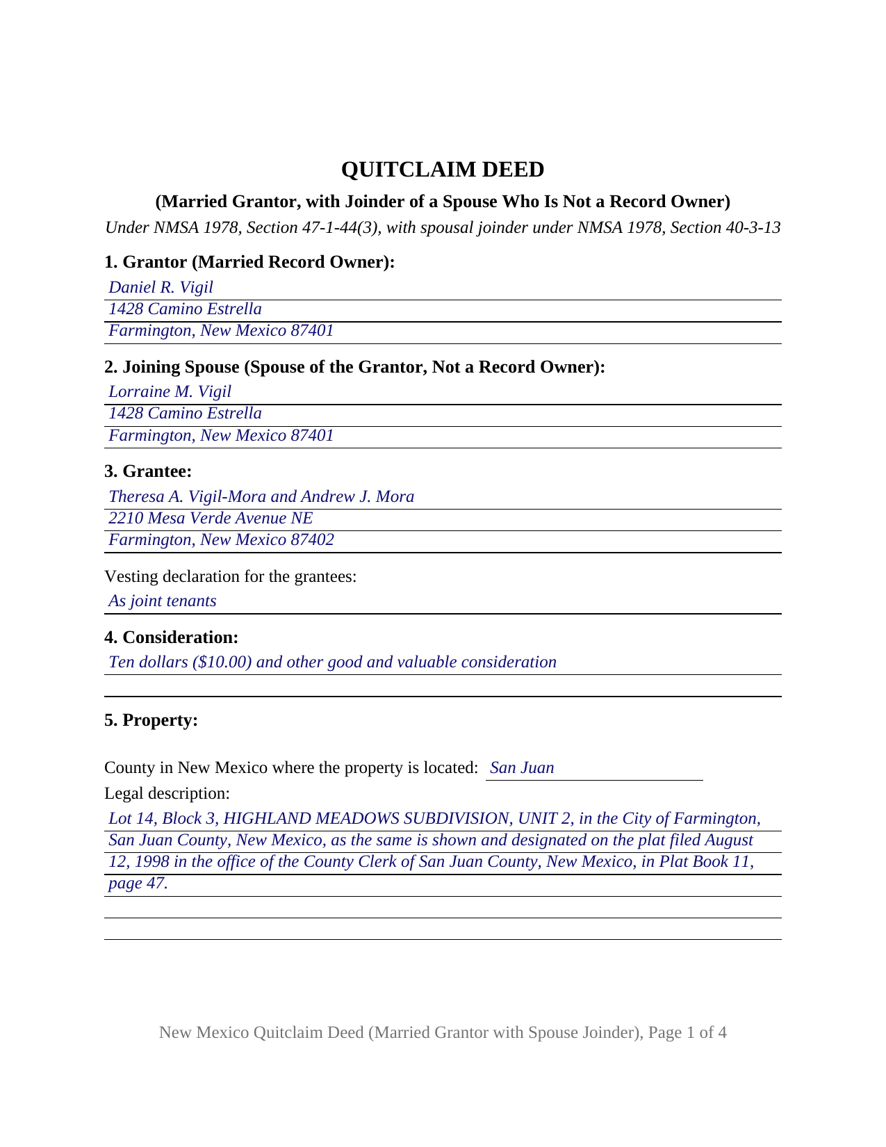 Catron County Completed Example of the Quitclaim Deed (Married Grantor with Non-Owner Spouse Joinder) Document