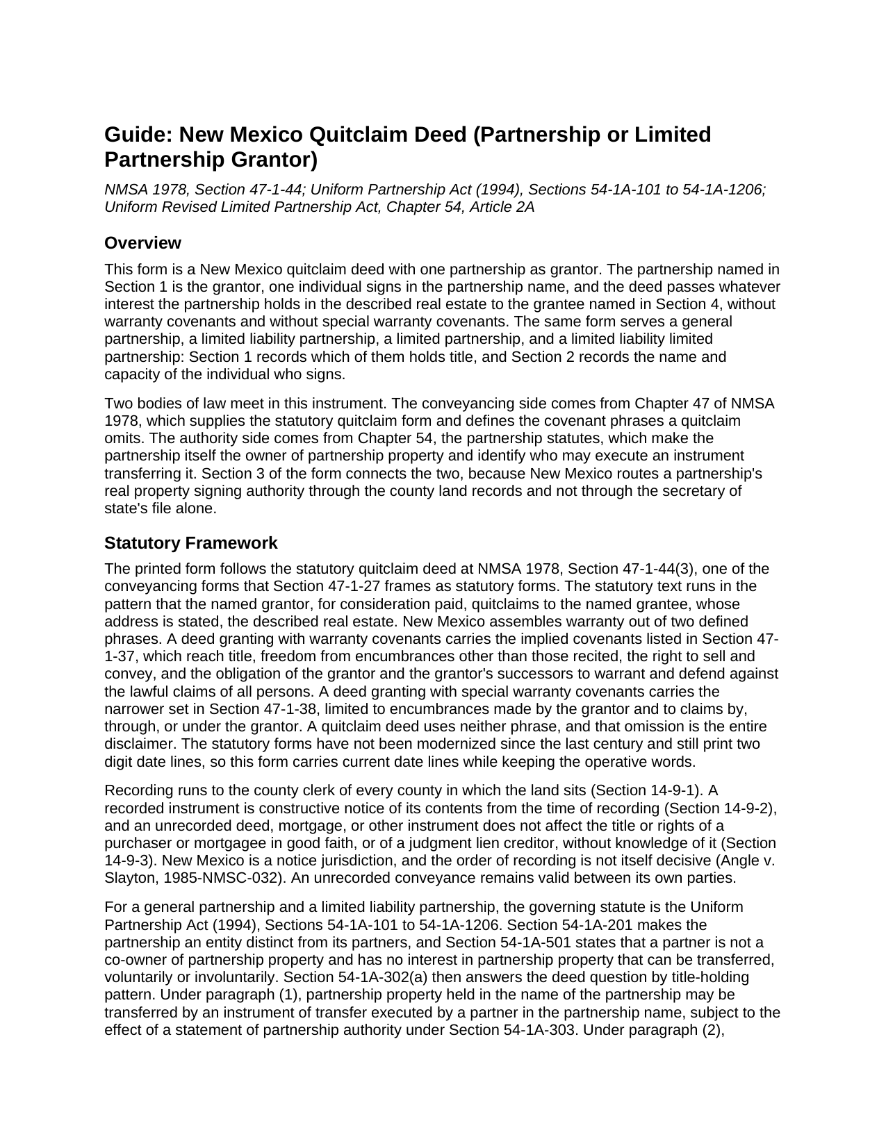 Mora County Quitclaim Deed (Partnership or Limited Partnership Grantor) Guide