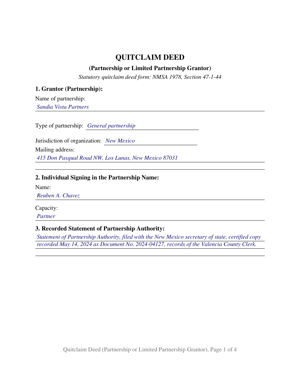 Mora County Completed Example of the Quitclaim Deed (Partnership or Limited Partnership Grantor) Document