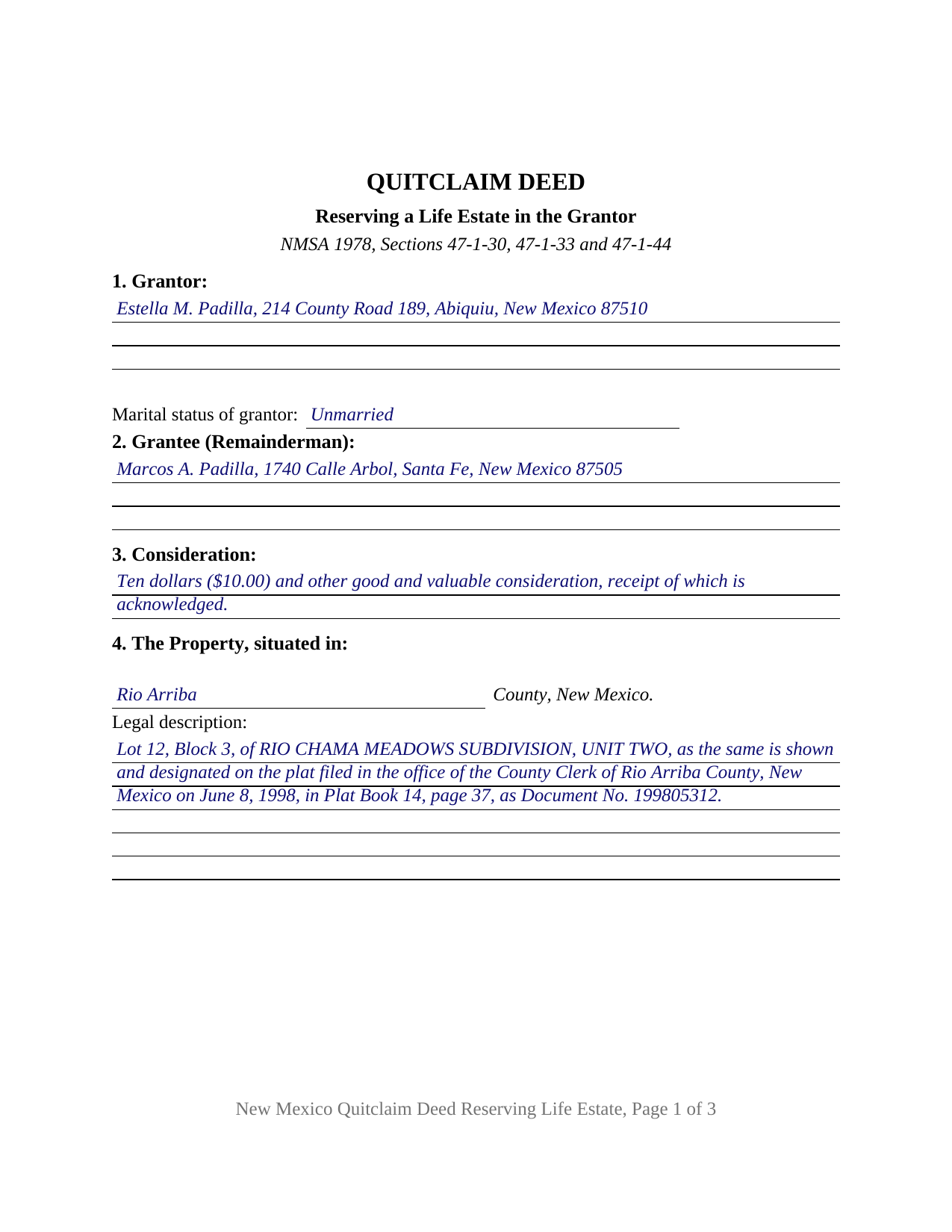Socorro County Completed Example of the Quitclaim Deed (Reserving Life Estate) Document
