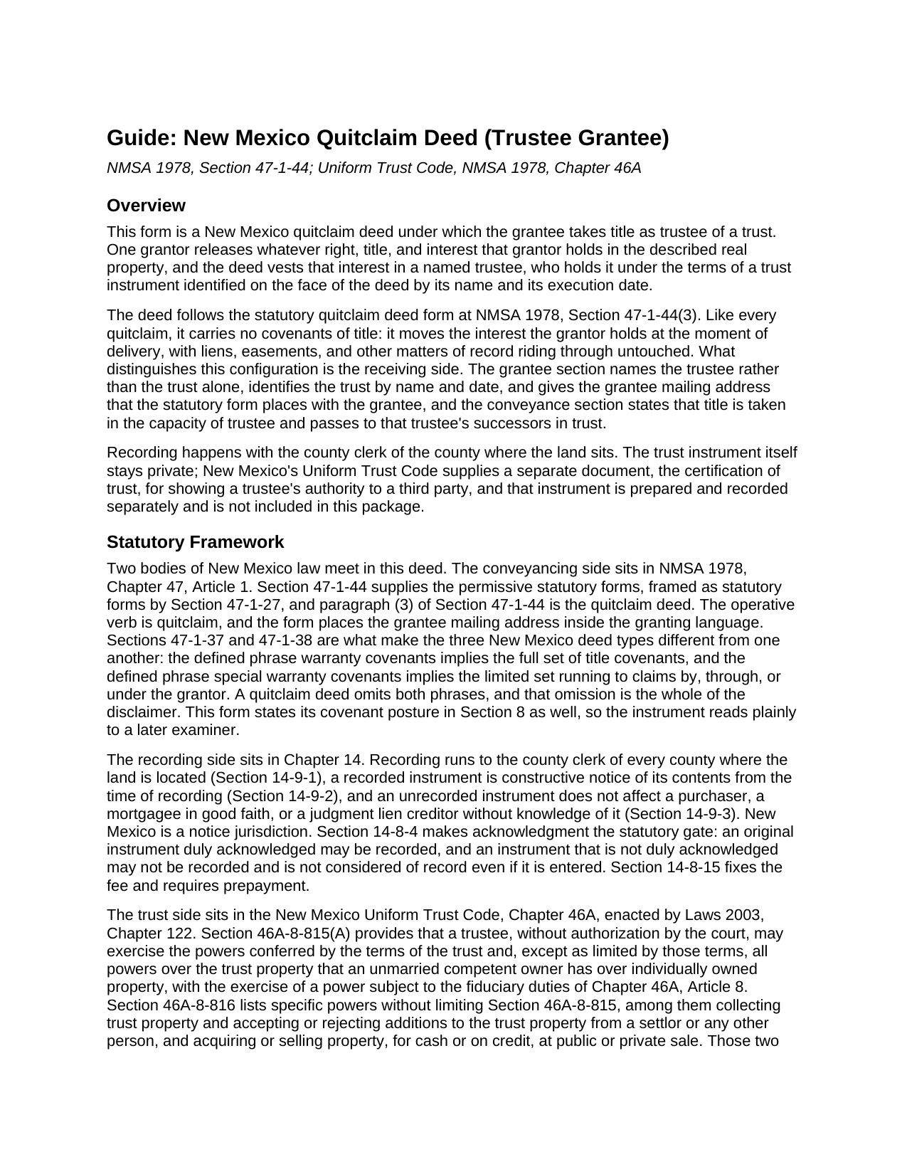 Harding County Quitclaim Deed (Trustee Grantee) Guide