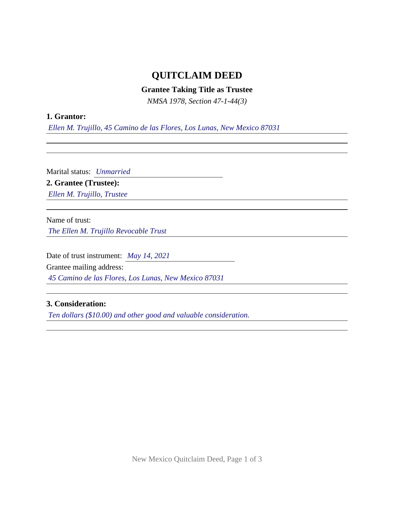 Harding County Completed Example of the Quitclaim Deed (Trustee Grantee) Document