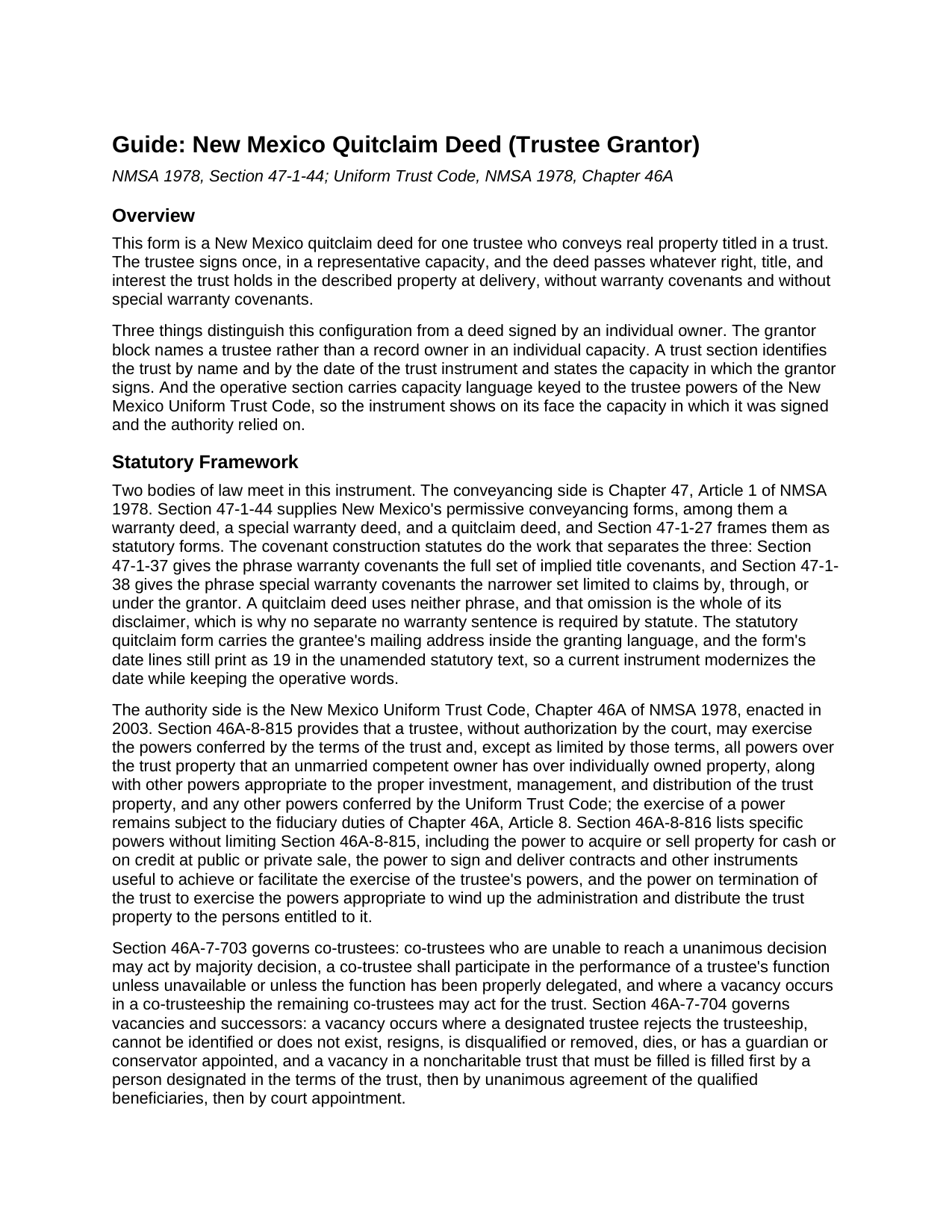 Quay County Quitclaim Deed (Trustee Grantor) Guide