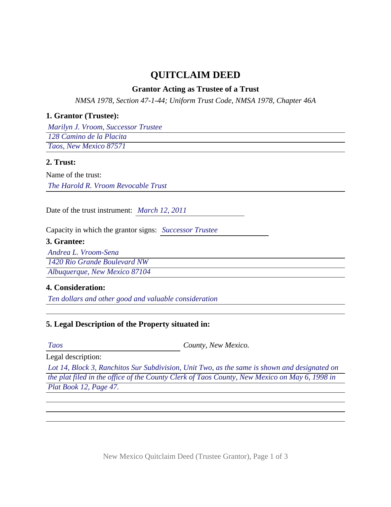 Quay County Completed Example of the Quitclaim Deed (Trustee Grantor) Document
