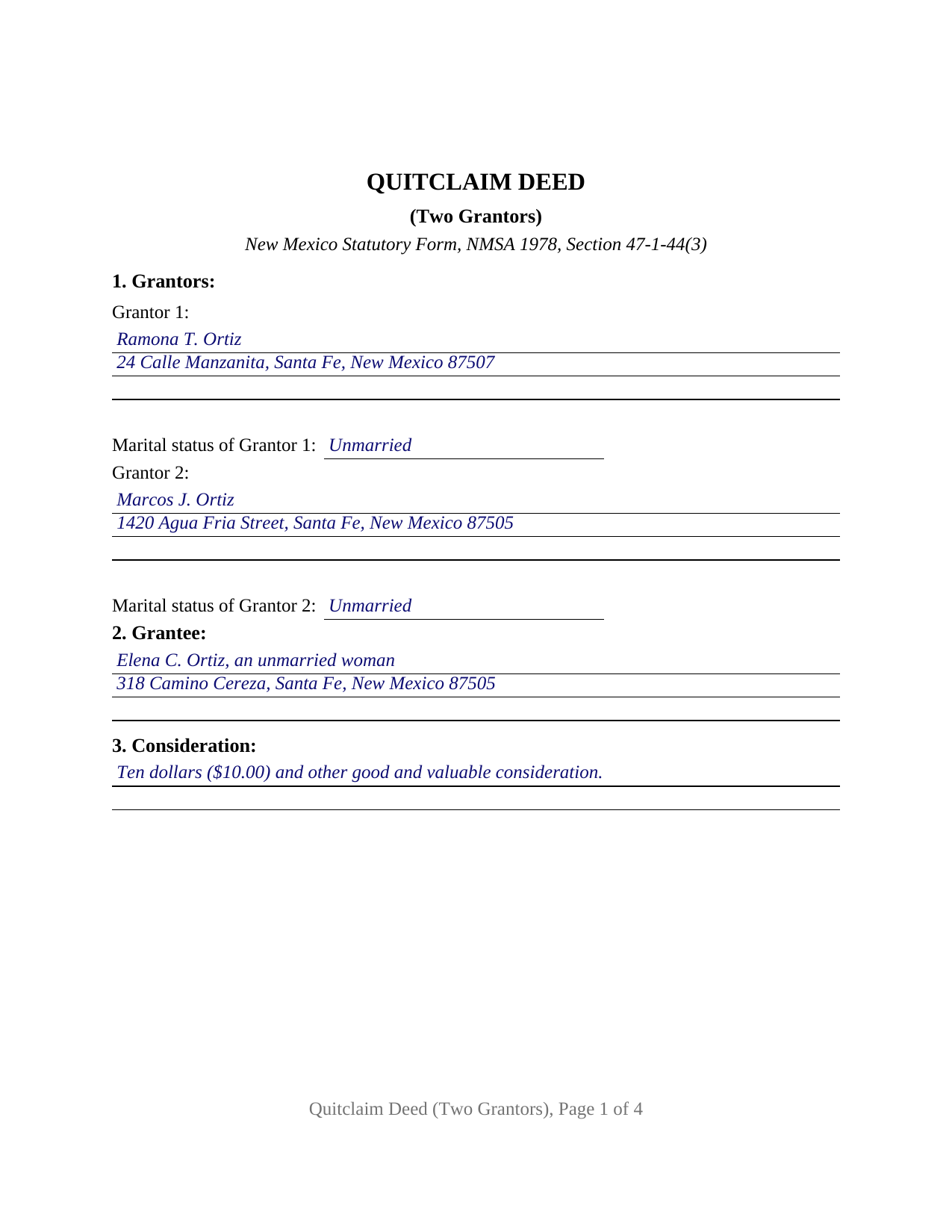 Colfax County Completed Example of the Quitclaim Deed (Two Grantors) Document