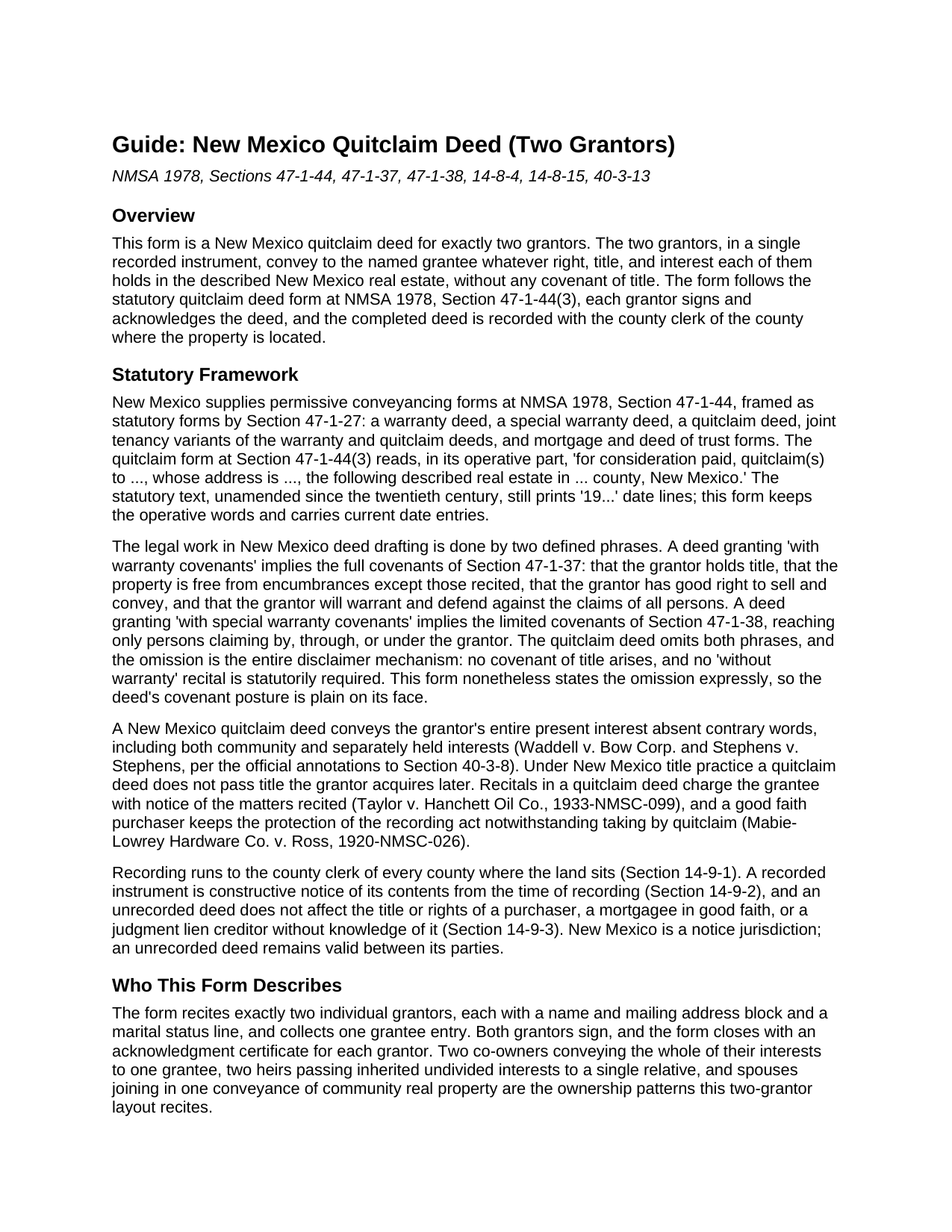Colfax County Quitclaim Deed (Two Grantors) Guide