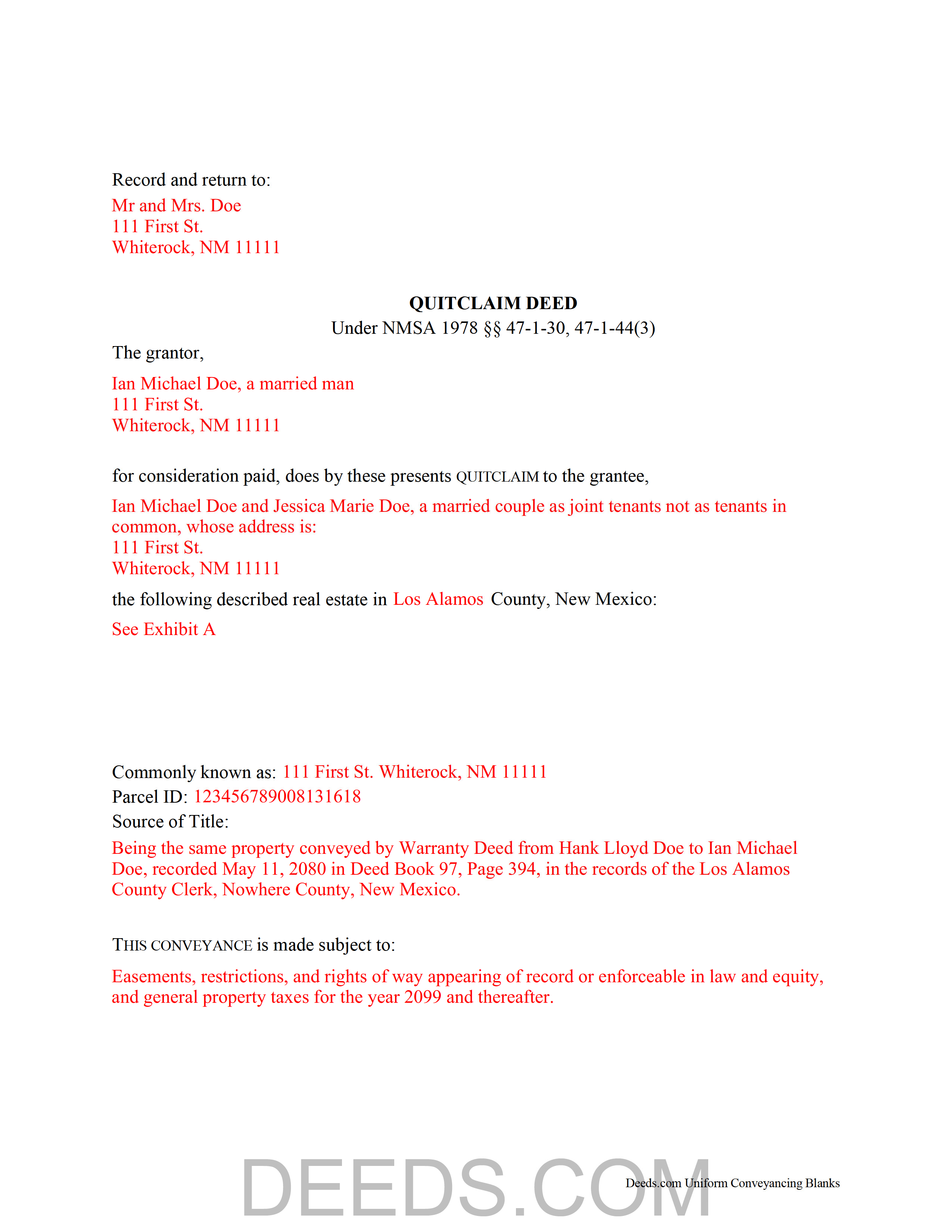 Colfax County Completed Example of the Quitclaim Deed Document
