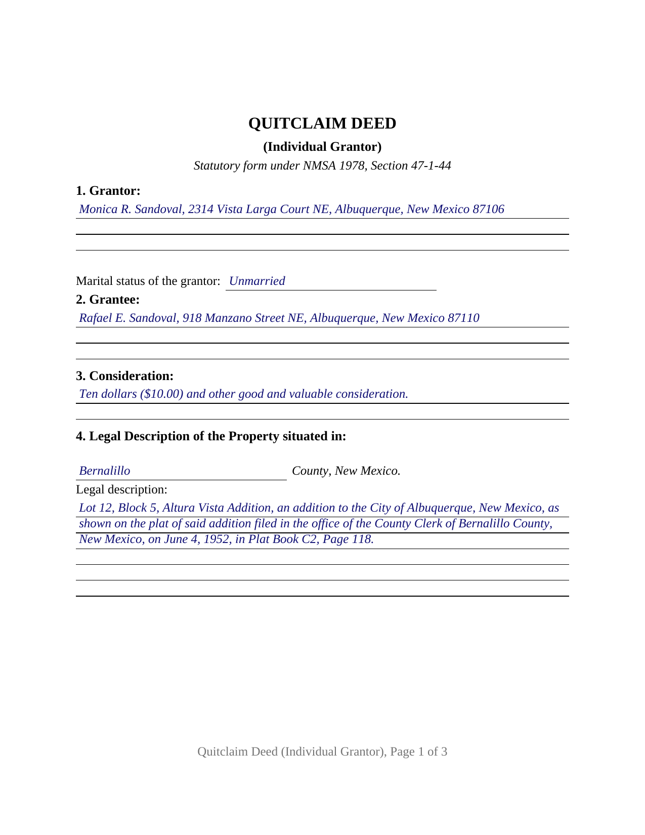Mckinley County Completed Example of the Quitclaim Deed Document