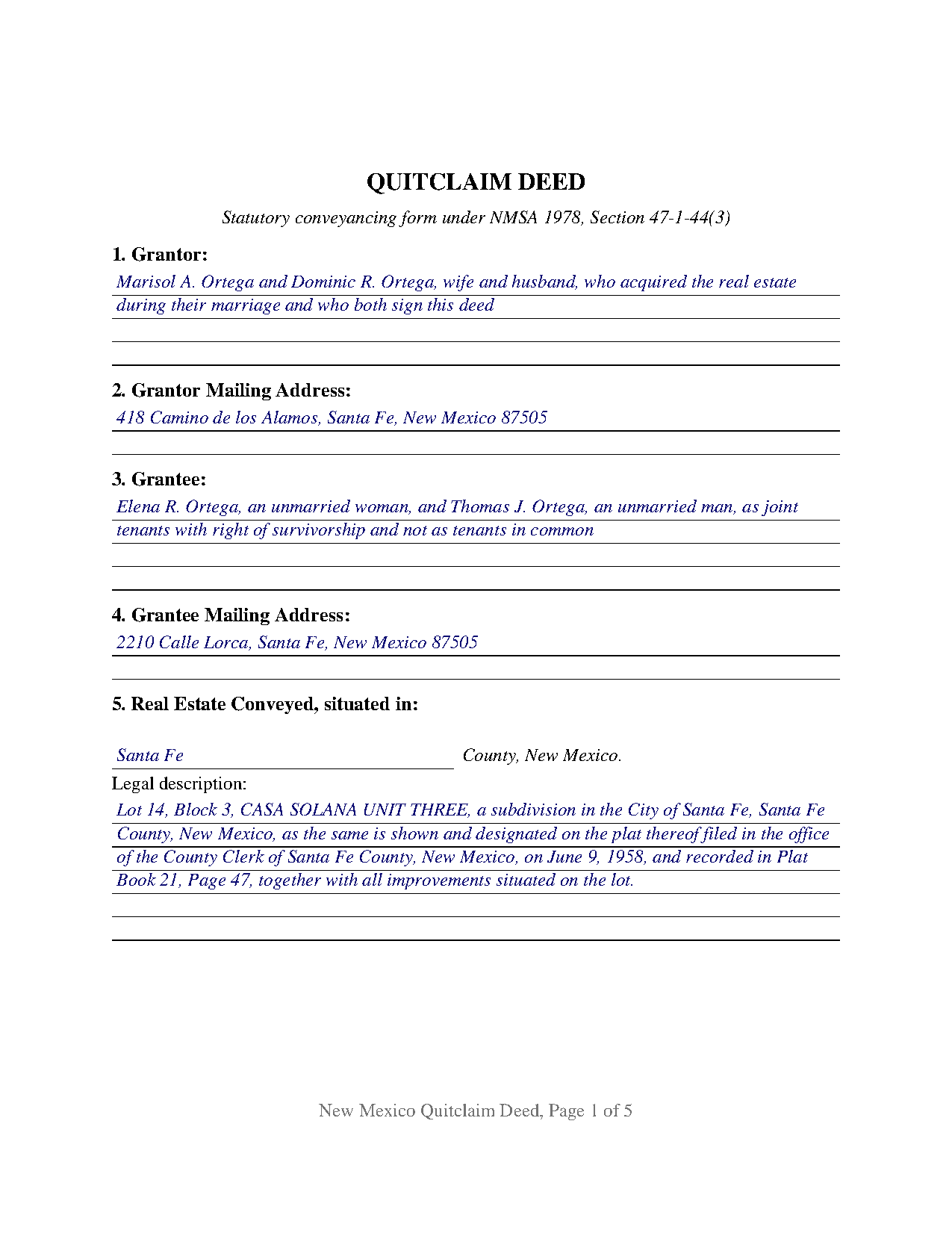 Grant County Completed Example of the Quitclaim Deed Document