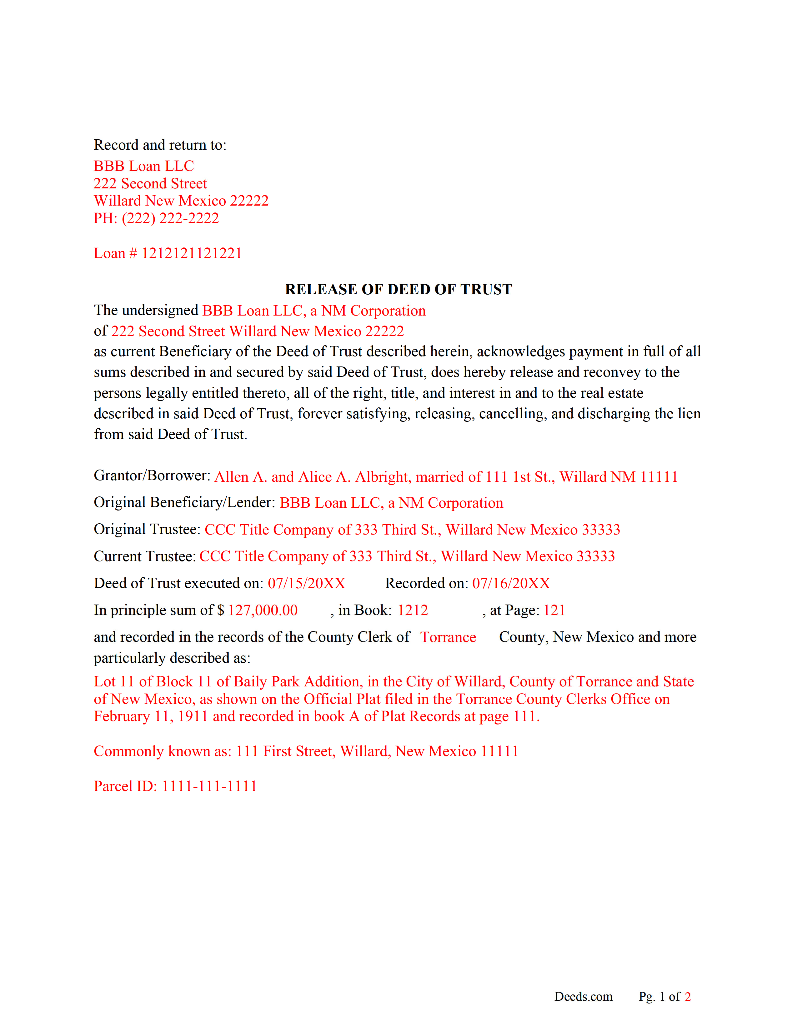 Mckinley County Completed Example of the Release of Deed of Trust Document
