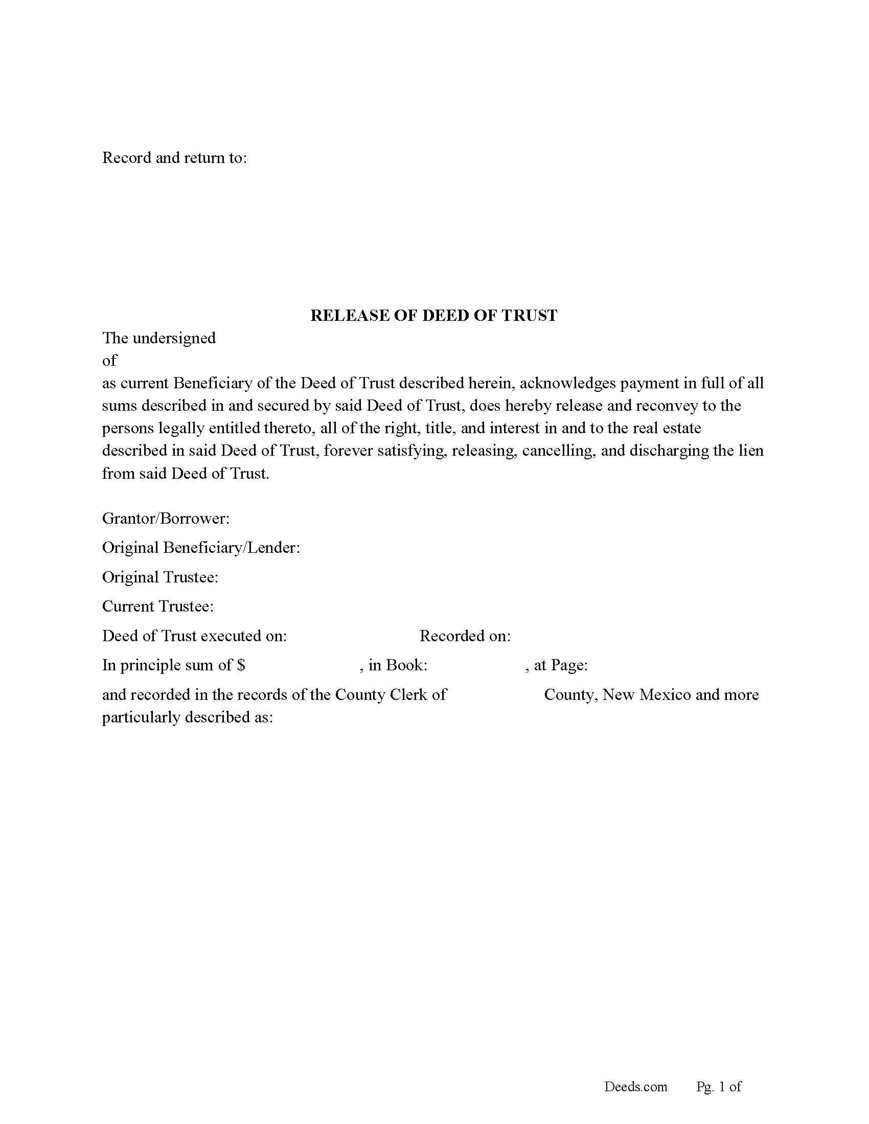 Mckinley County Release of Deed of Trust Form