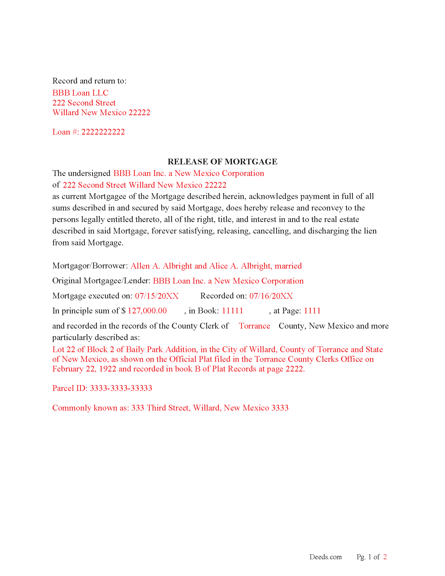 Completed Example of the Release of Mortgage Document