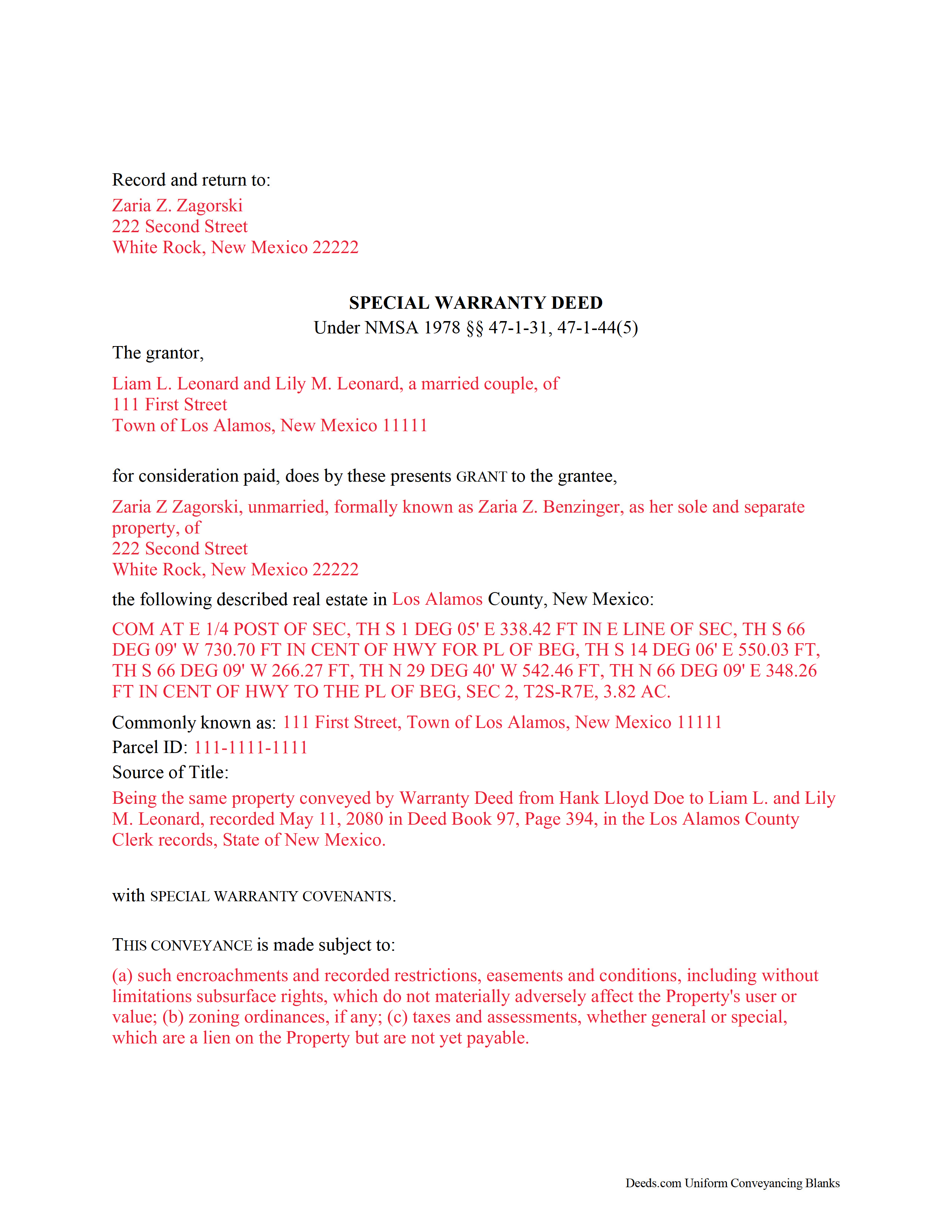 Sierra County Completed Example of the Special Warranty Deed Document