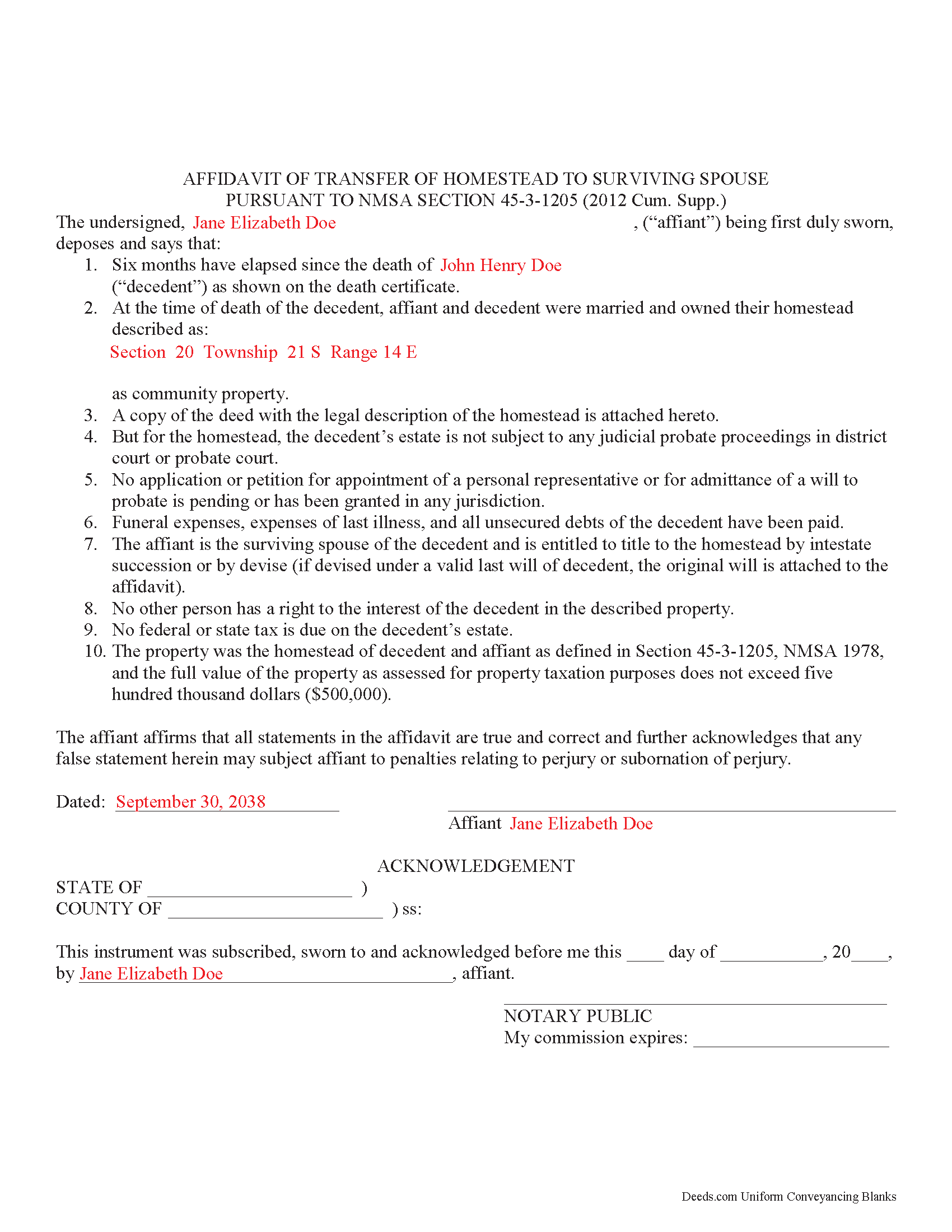 Completed Example of the Transfer of Homestead Affidavit Docuement