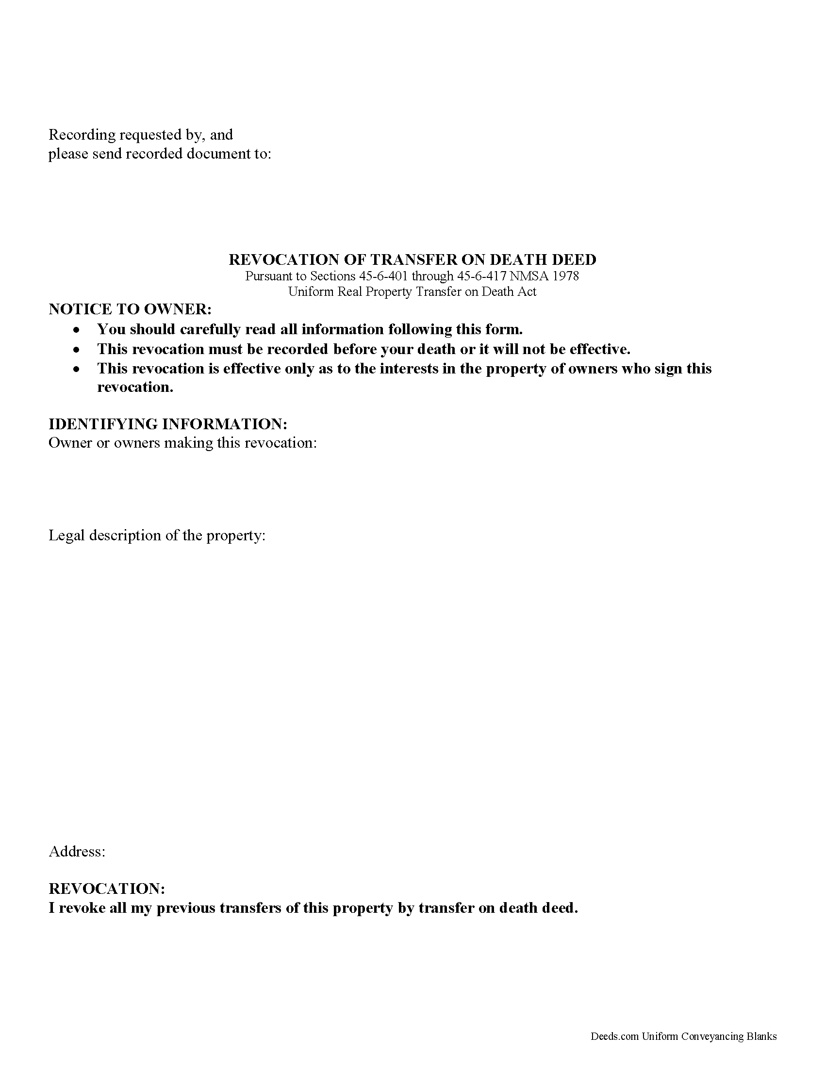 Mckinley County Transfer on Death Revocation Form