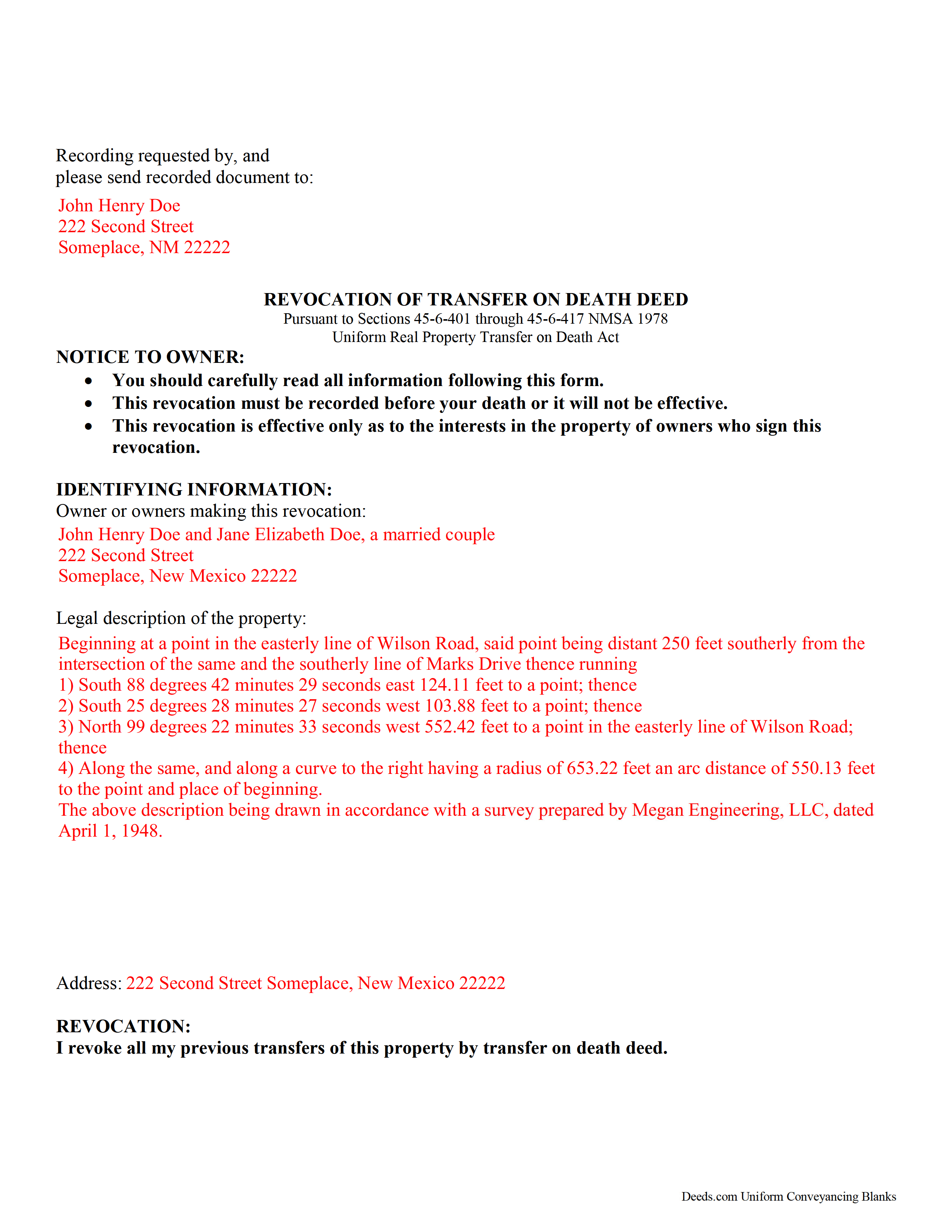 Mckinley County Completed Example of the Transfer on Death Revocation Document