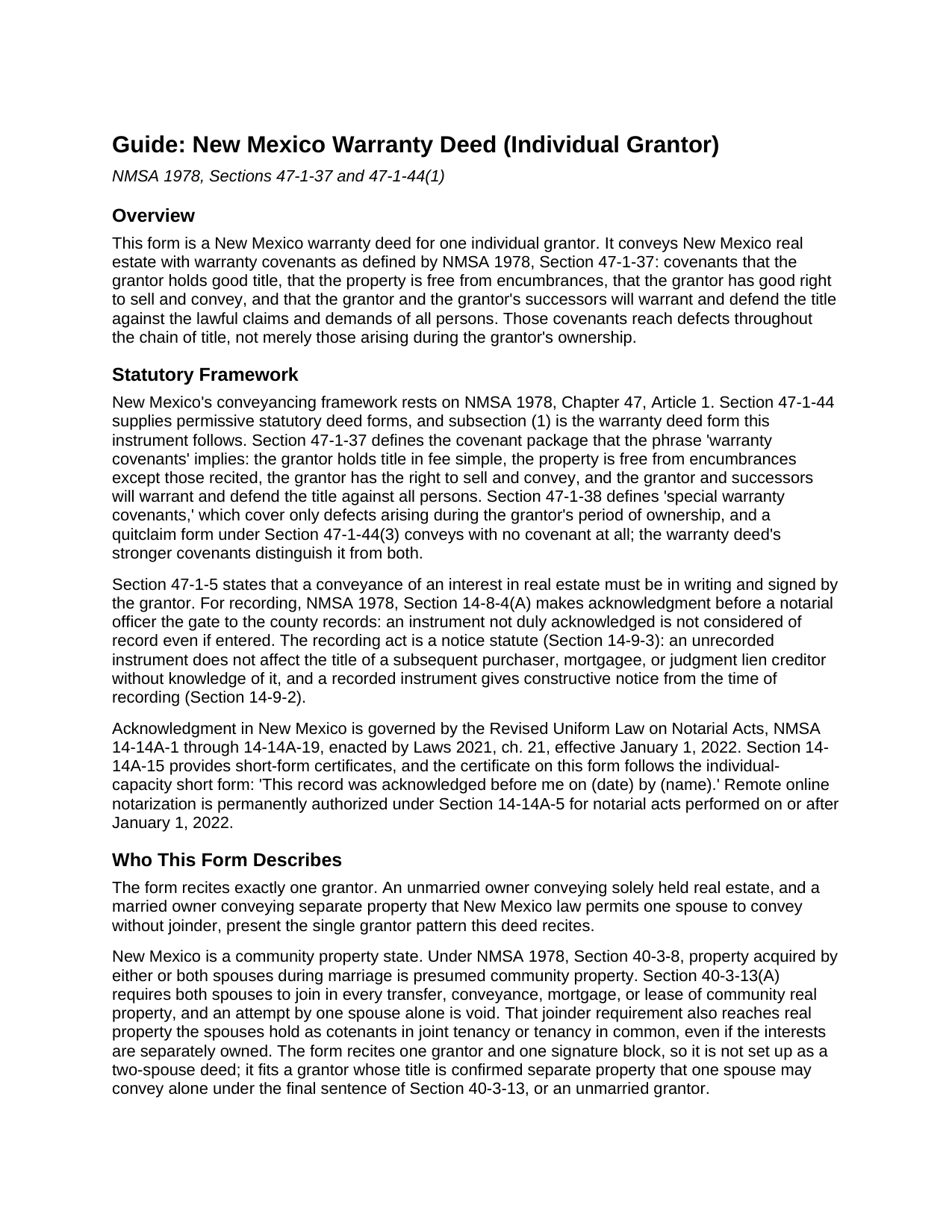 Lea County Warranty Deed (Individual Grantor) Guide