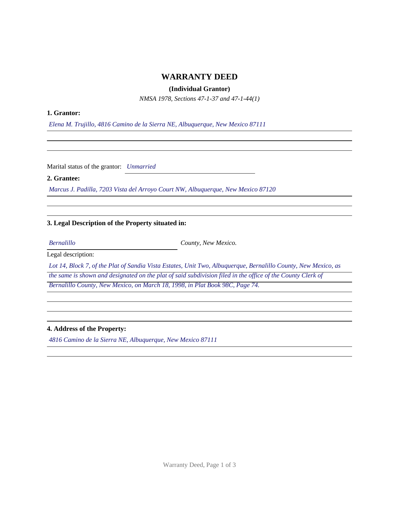 Lea County Completed Example of the Warranty Deed (Individual Grantor) Document
